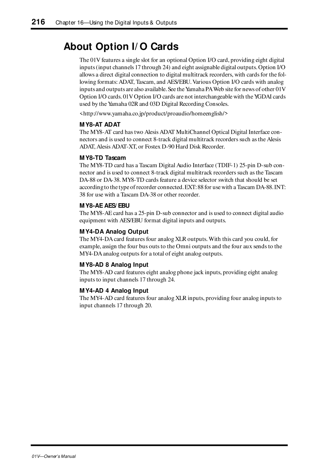 Yamaha 01v About Option I/O Cards, MY8-TD Tascam, MY4-DA Analog Output, MY8-AD 8 Analog Input, MY4-AD 4 Analog Input 