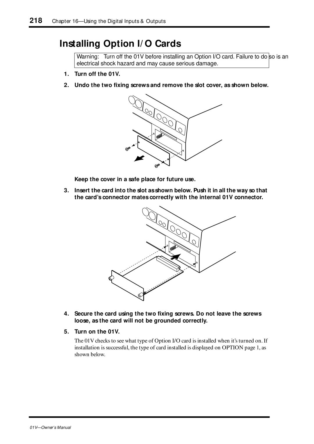 Yamaha 01v owner manual Installing Option I/O Cards 