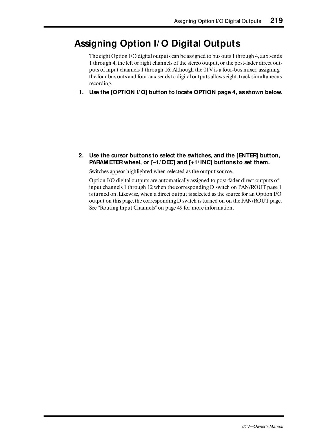 Yamaha 01v owner manual Assigning Option I/O Digital Outputs, 219 