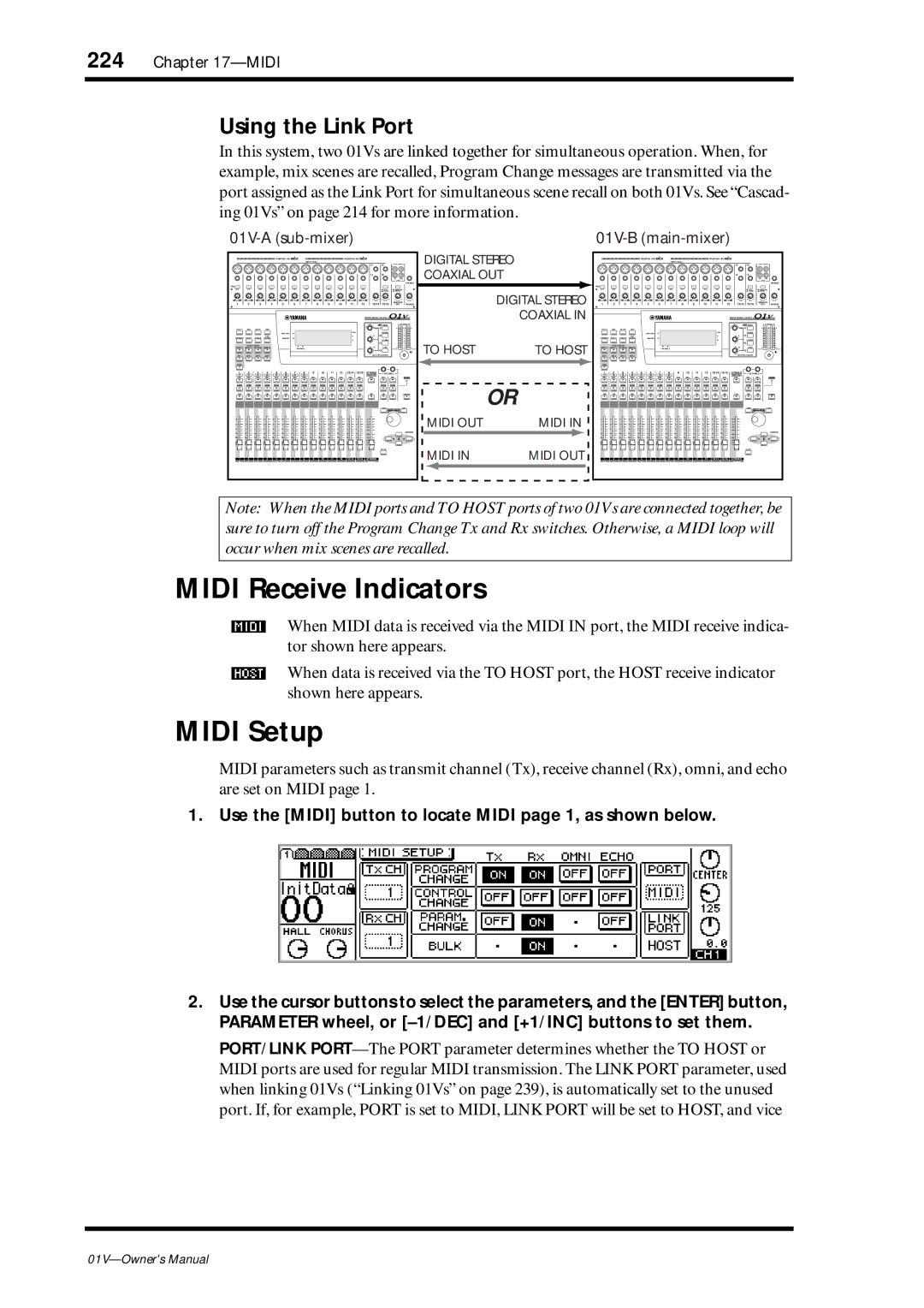 Yamaha 01v owner manual Midi Receive Indicators, Midi Setup, Using the Link Port 