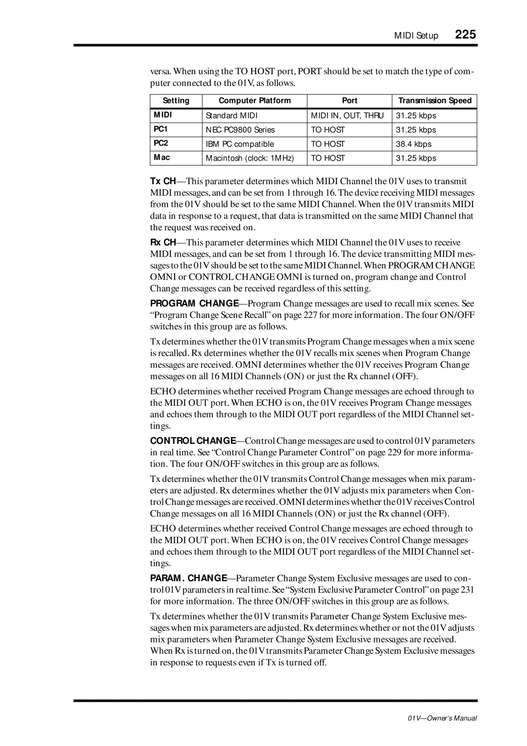 Yamaha 01v owner manual Setting Computer Platform Port Transmission Speed, Mac 