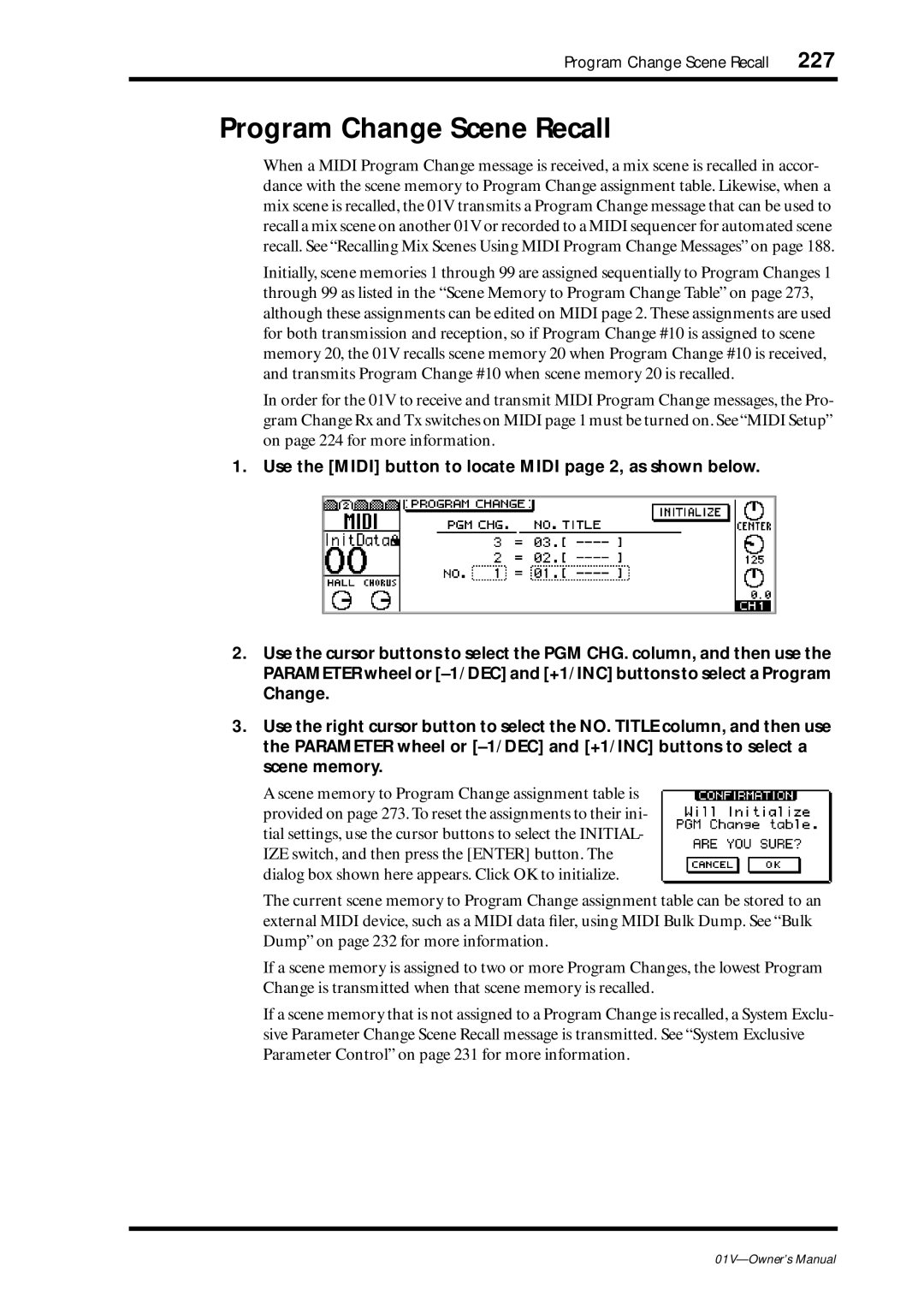 Yamaha 01v owner manual Program Change Scene Recall 