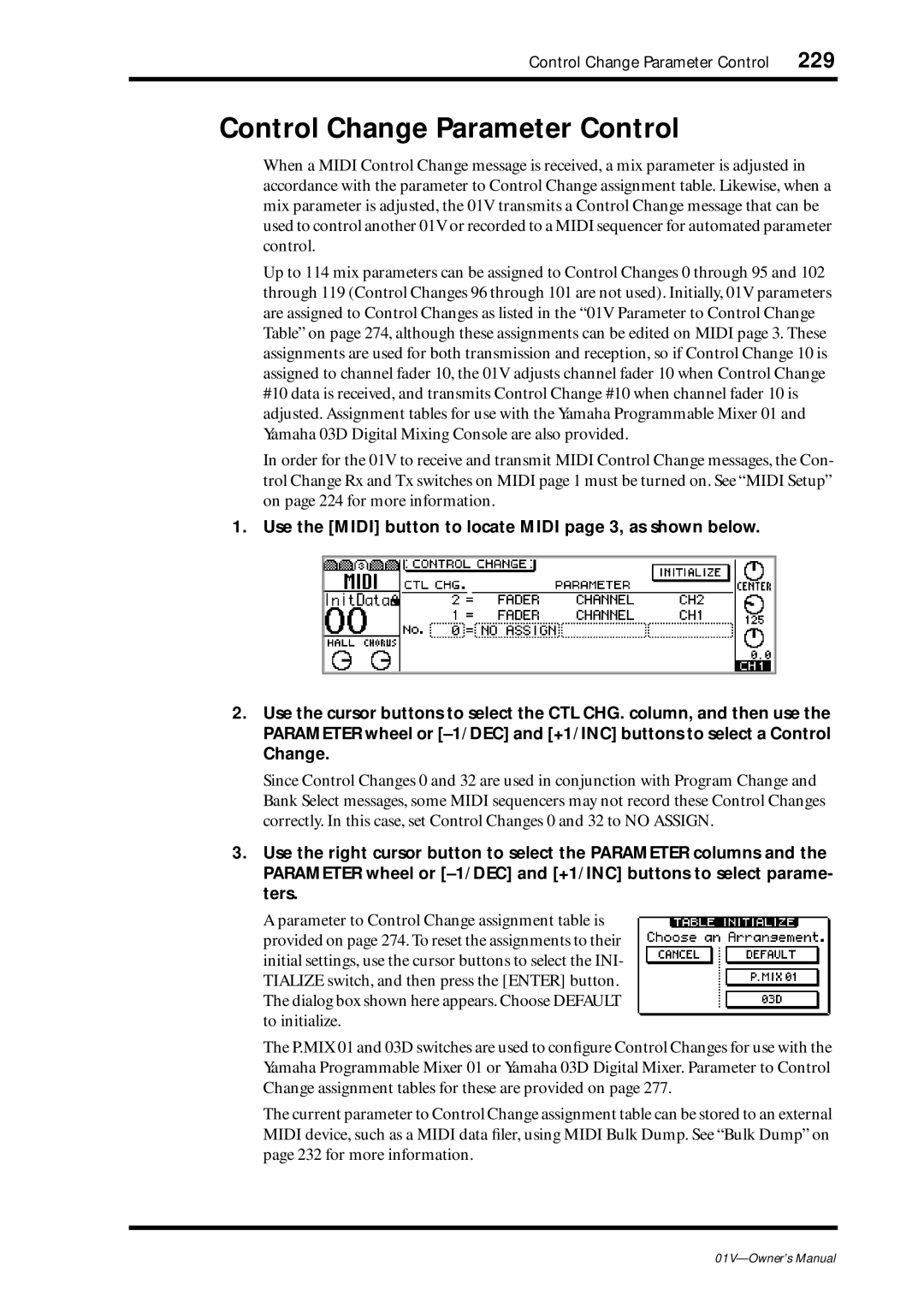 Yamaha 01v owner manual Control Change Parameter Control, 229 