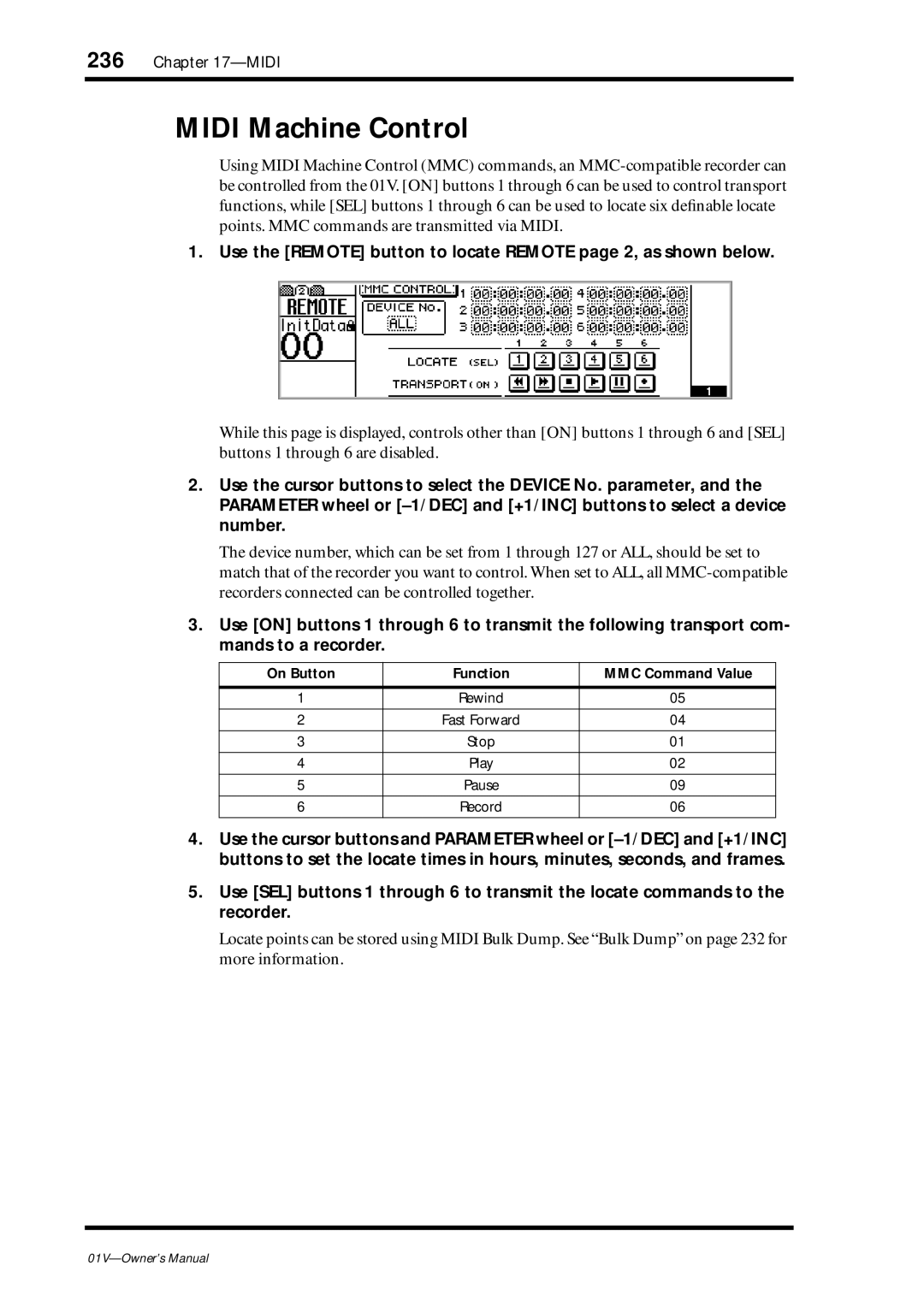 Yamaha 01v owner manual Midi Machine Control, On Button Function MMC Command Value 