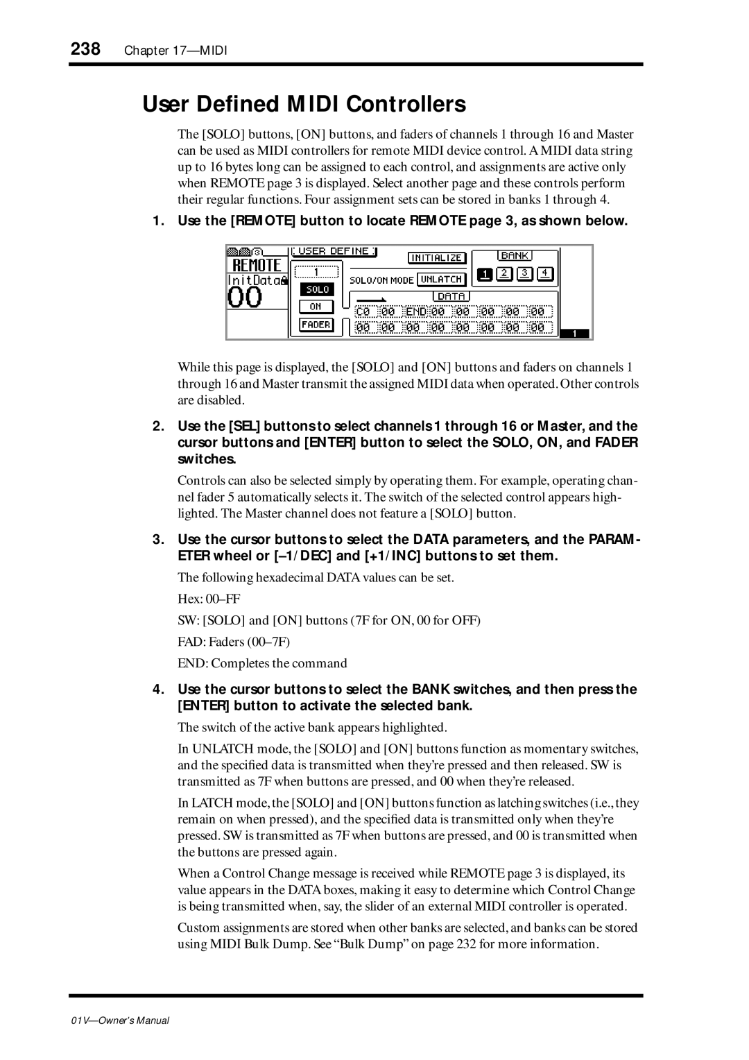 Yamaha 01v owner manual User Deﬁned Midi Controllers, Switch of the active bank appears highlighted 