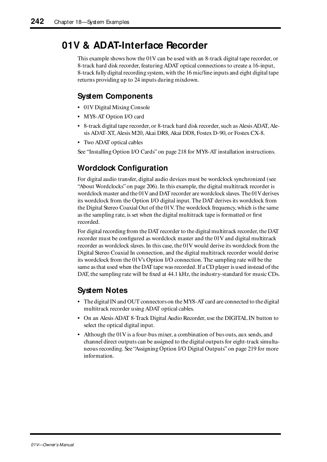 Yamaha 01v owner manual 01V & ADAT-Interface Recorder, System Components, Wordclock Conﬁguration, System Notes 