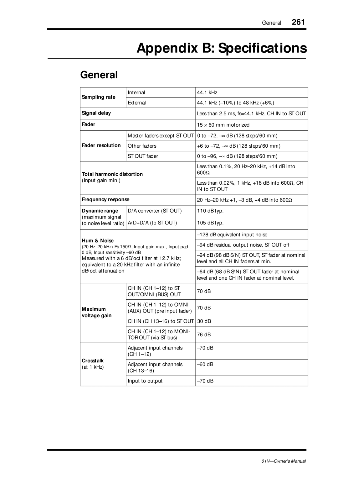 Yamaha 01v owner manual Appendix B Speciﬁcations, General, 261 