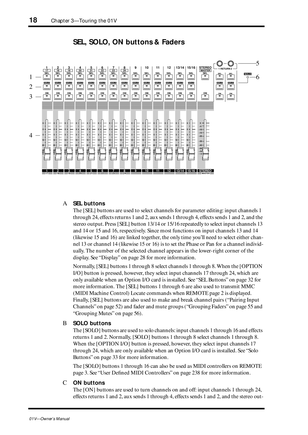 Yamaha 01v owner manual SEL, SOLO, on buttons & Faders, SEL buttons, Solo buttons, On buttons 