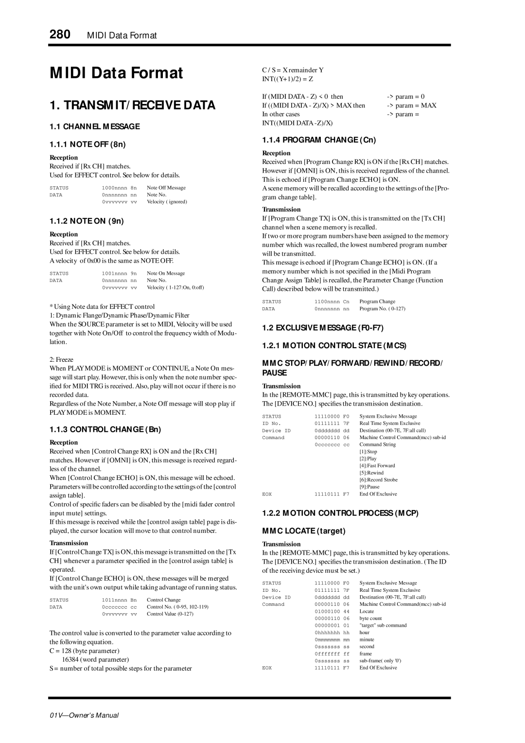 Yamaha 01v owner manual Midi Data Format, TRANSMIT/RECEIVE Data, Control Change Bn, Program Change Cn, MMC Locate target 