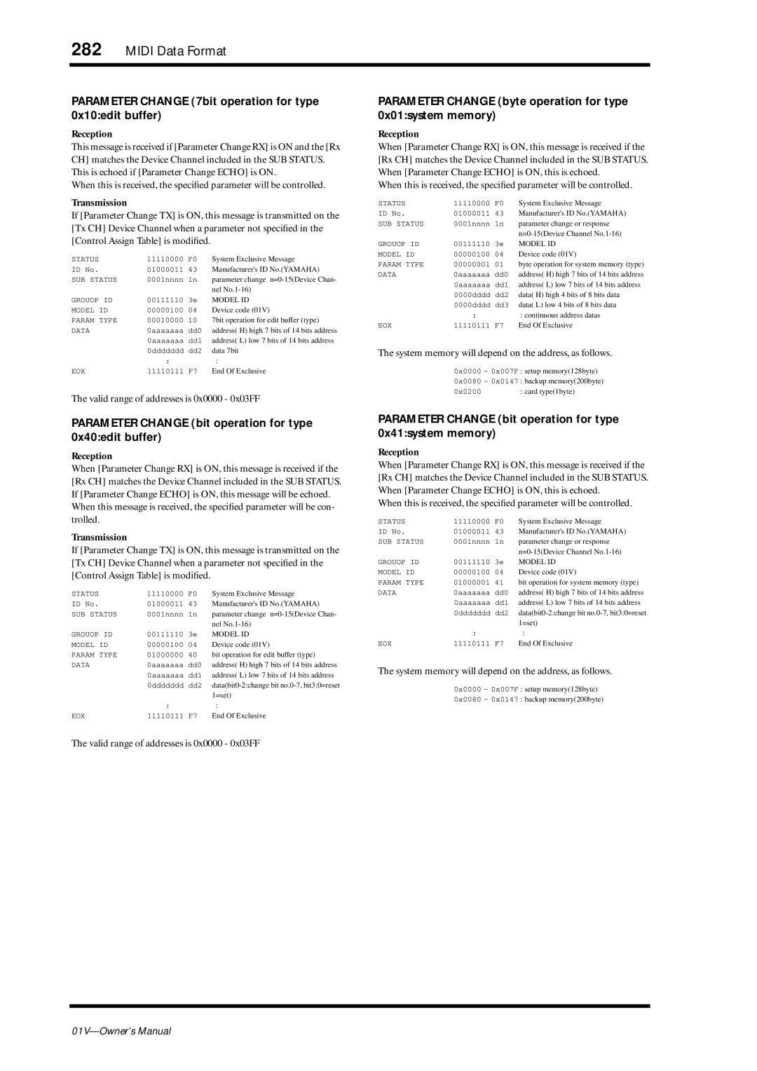 Yamaha 01v owner manual Parameter Change 7bit operation for type 0x10edit buffer 