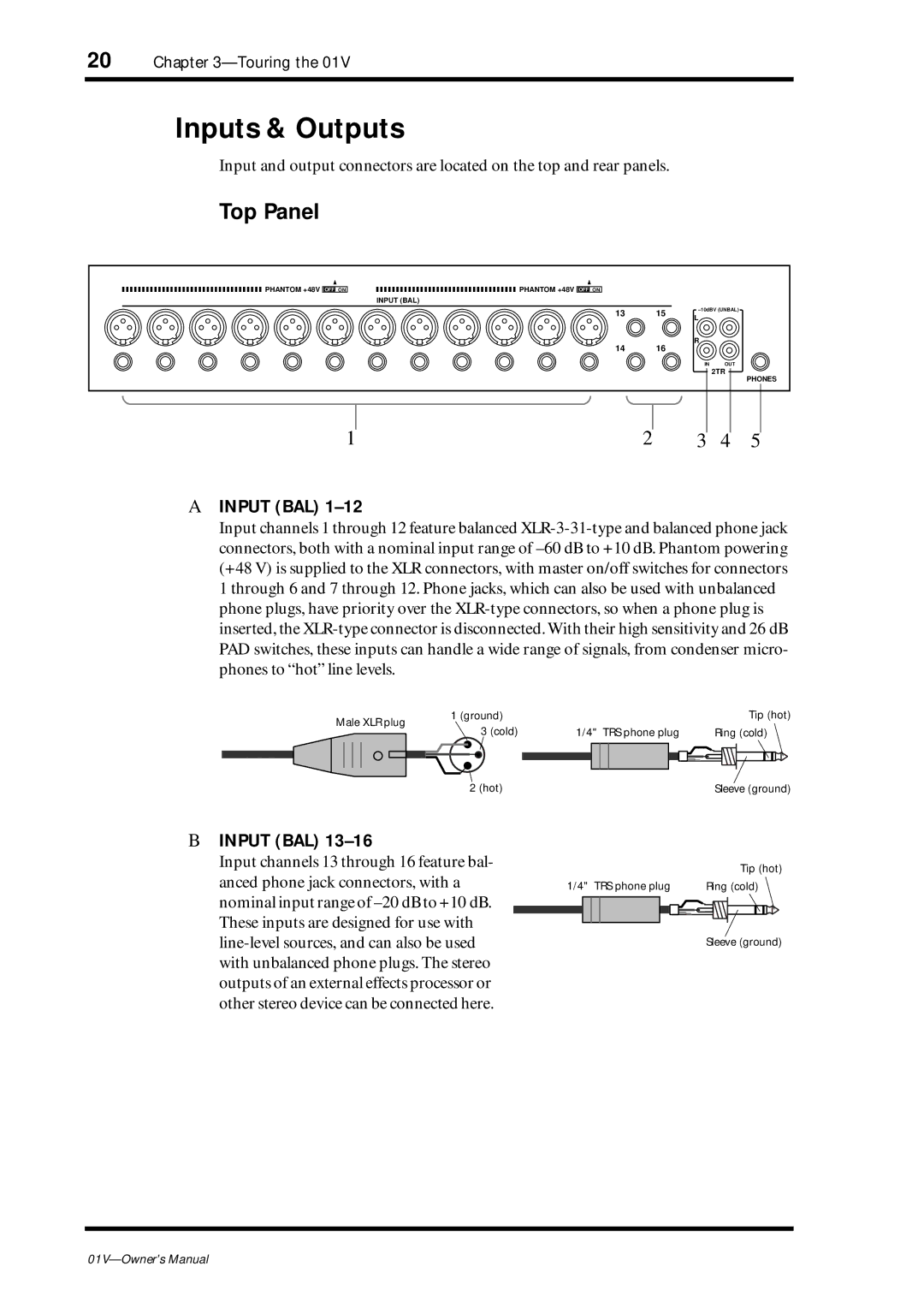 Yamaha 01v owner manual Inputs & Outputs, Top Panel, Input BAL 