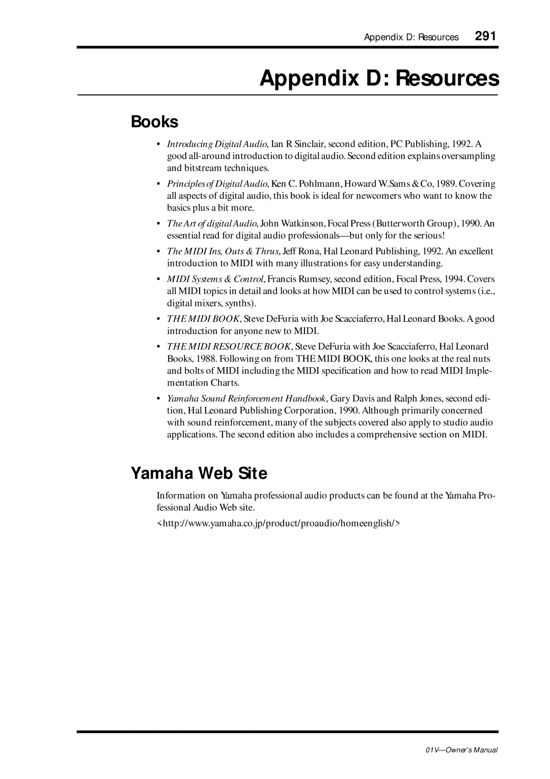 Yamaha 01v owner manual Appendix D Resources, Books, Yamaha Web Site 