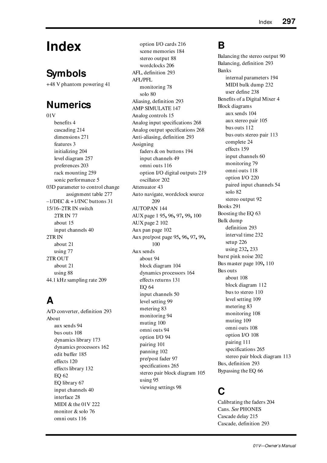 Yamaha 01v owner manual Index, Symbols, Numerics 