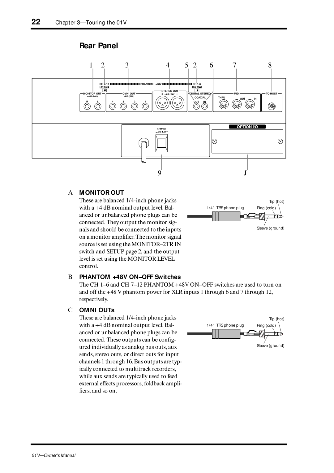 Yamaha 01v owner manual Rear Panel, Phantom +48V ON-OFF Switches, Omni OUTs 