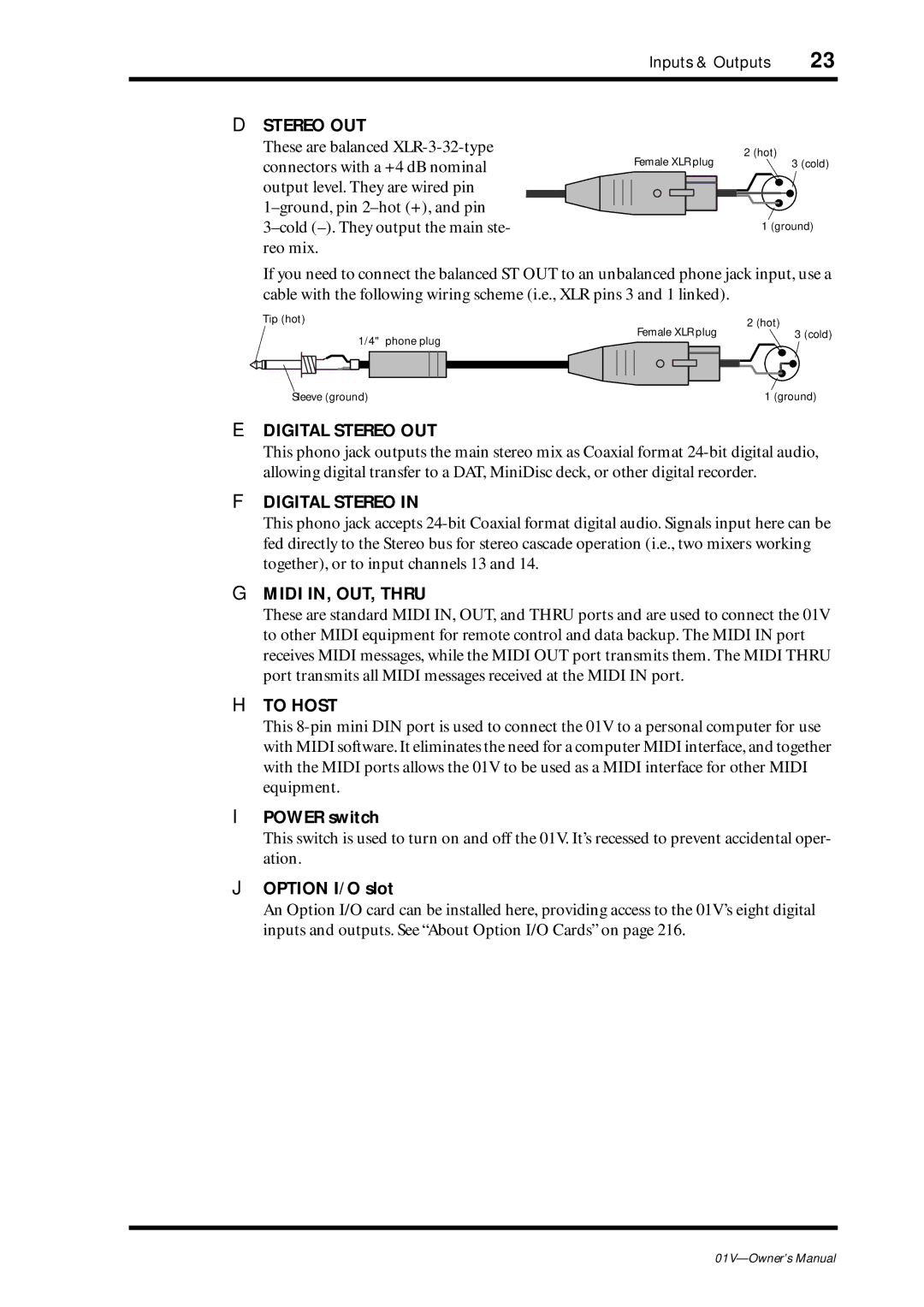 Yamaha 01v owner manual Power switch, Option I/O slot 