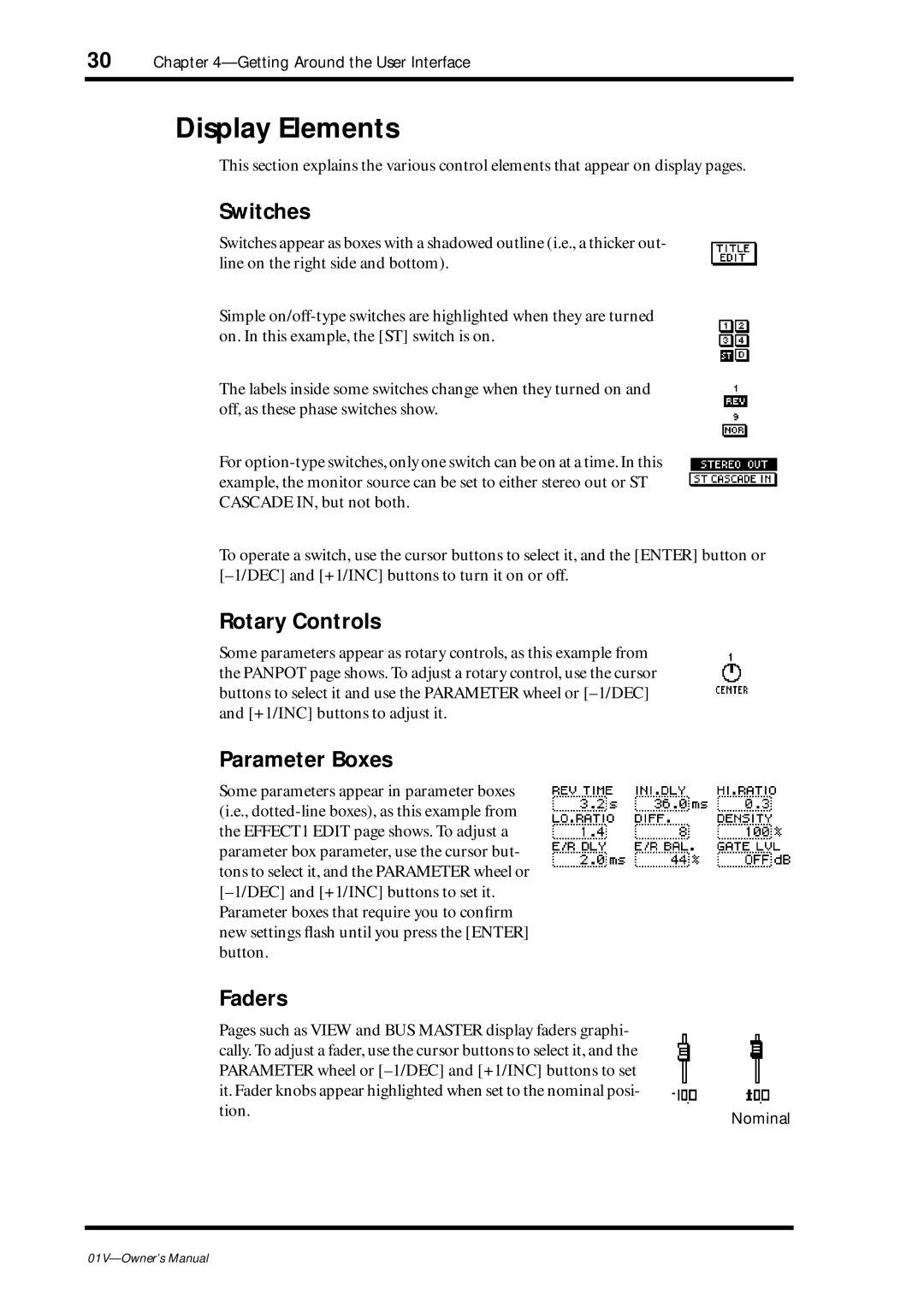 Yamaha 01v owner manual Display Elements, Switches, Rotary Controls, Parameter Boxes, Faders 