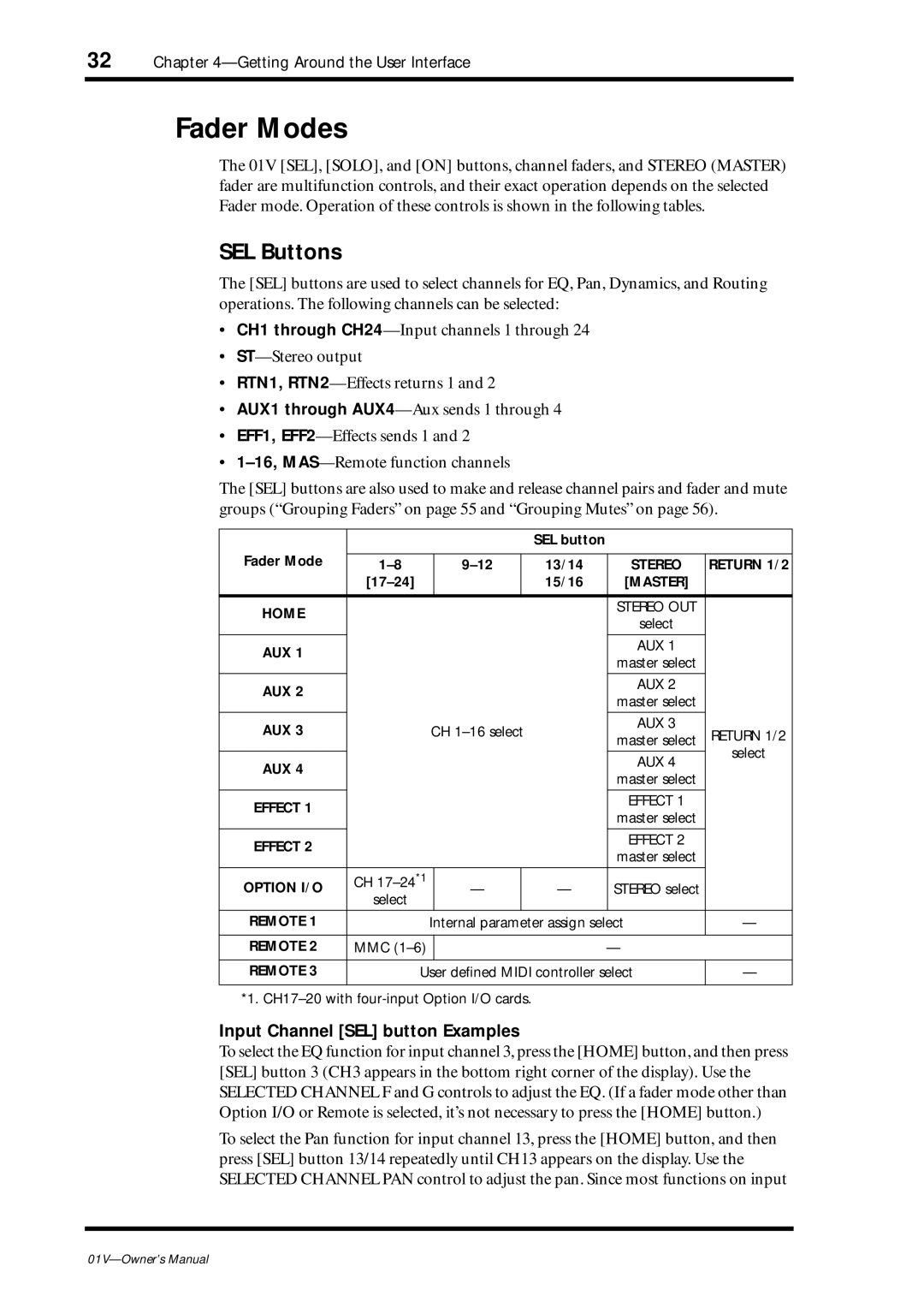 Yamaha 01v owner manual Fader Modes, SEL Buttons, Input Channel SEL button Examples, SEL button Fader Mode 13/14, 15/16 