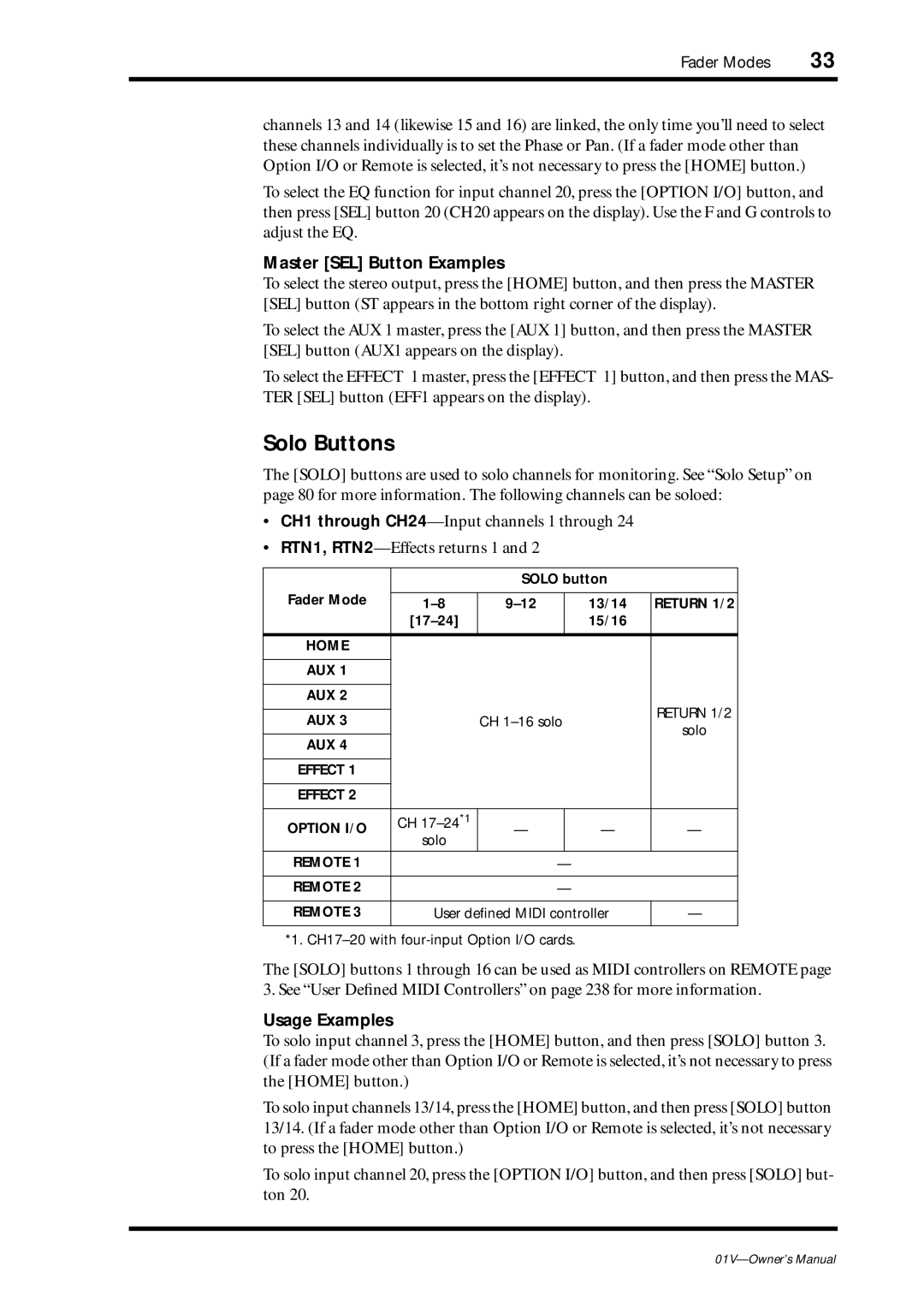 Yamaha 01v owner manual Solo Buttons, Master SEL Button Examples, Usage Examples, Solo button Fader Mode 13/14 