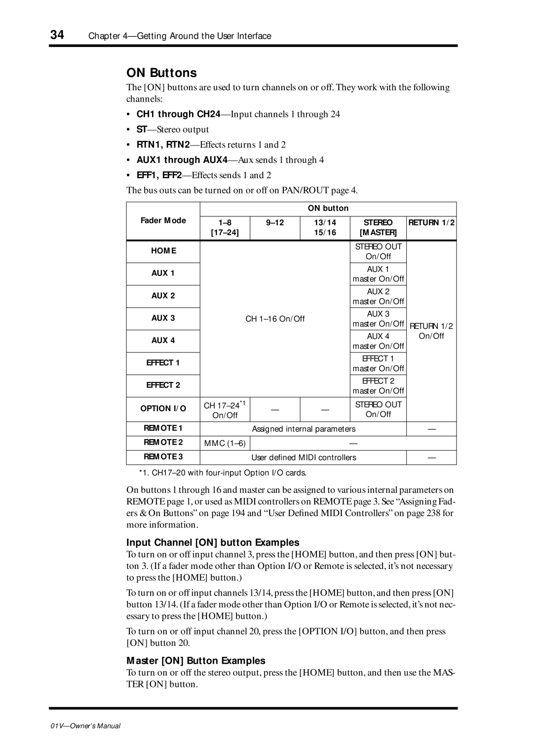 Yamaha 01v owner manual On Buttons, Input Channel on button Examples, Master on Button Examples, On button Fader Mode 13/14 