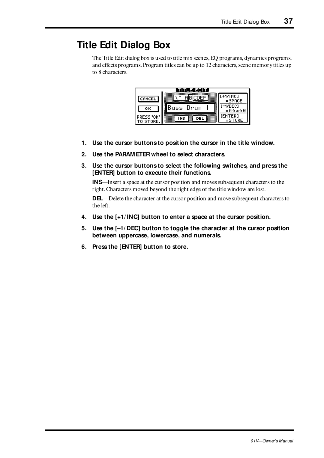 Yamaha 01v owner manual Title Edit Dialog Box 