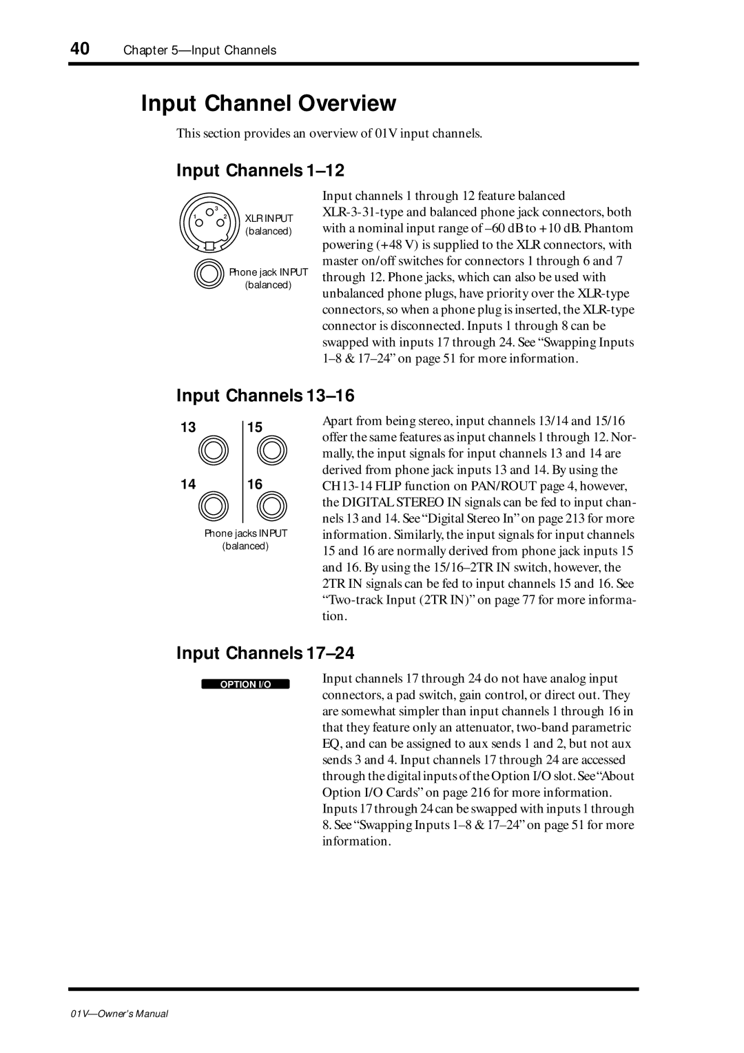 Yamaha 01v owner manual Input Channel Overview, This section provides an overview of 01V input channels 