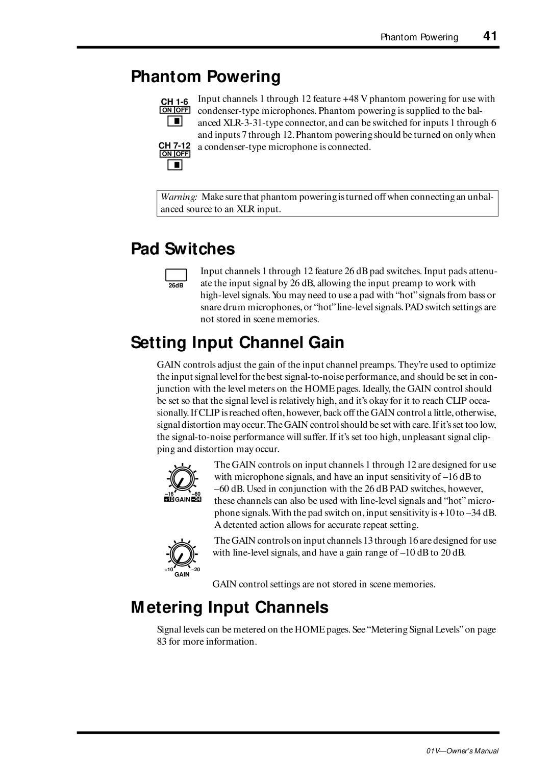 Yamaha 01v owner manual Phantom Powering, Pad Switches, Setting Input Channel Gain, Metering Input Channels 