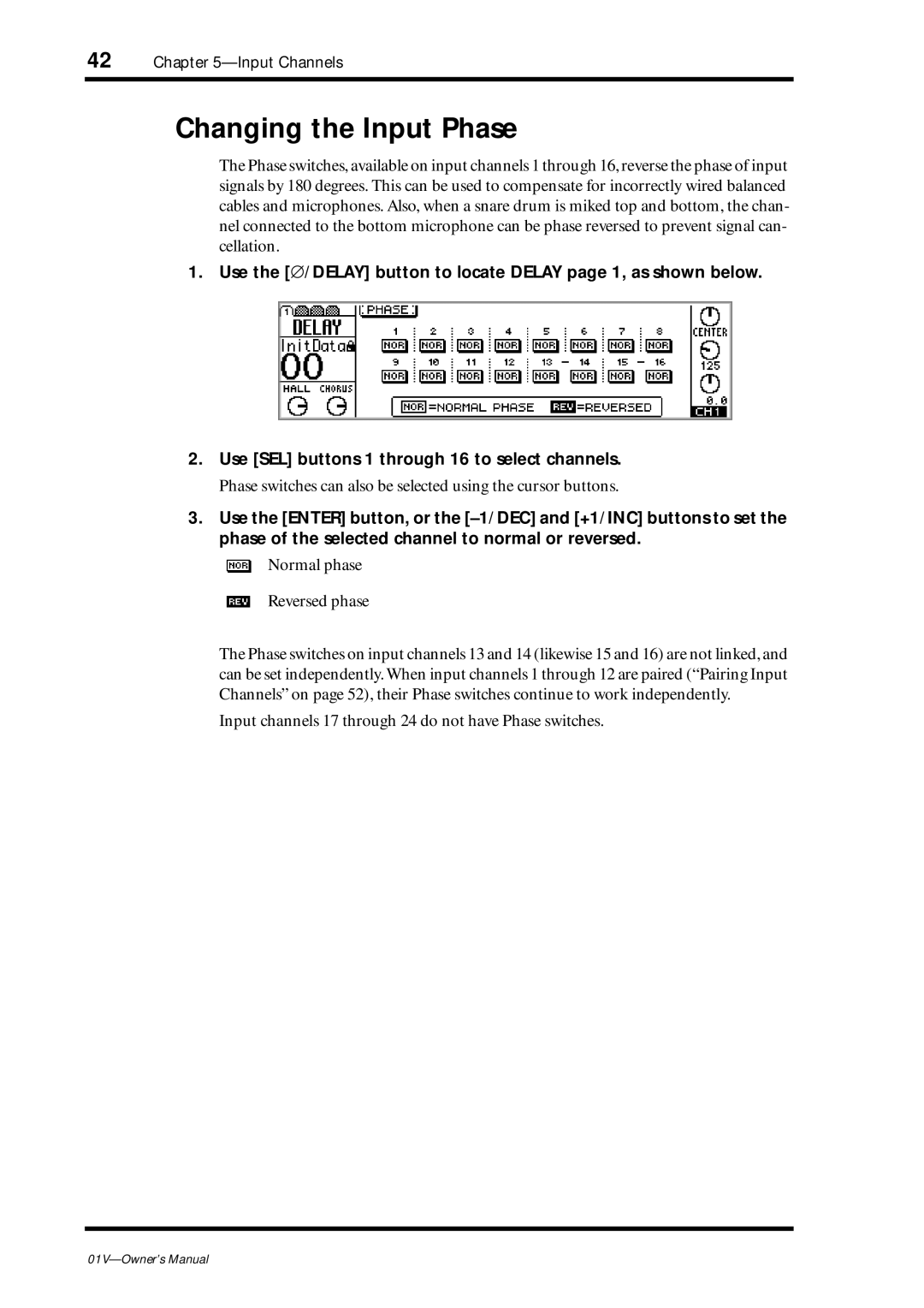 Yamaha 01v Changing the Input Phase, Normal phase Reversed phase, Input channels 17 through 24 do not have Phase switches 