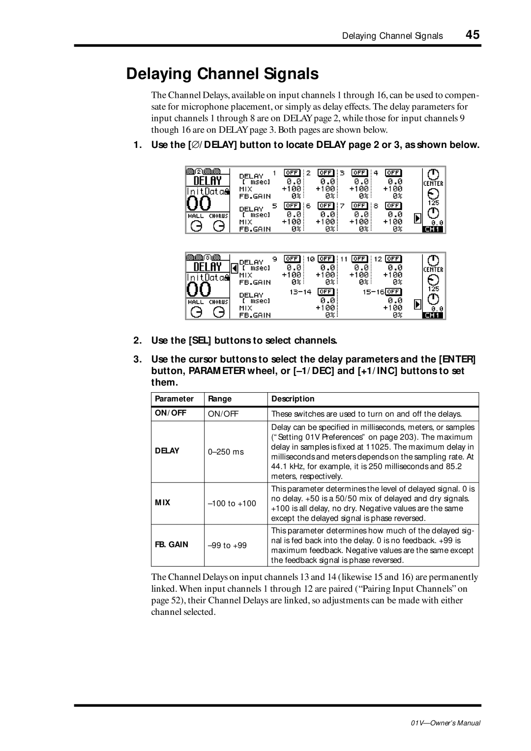 Yamaha 01v owner manual Delaying Channel Signals, Parameter Range Description 