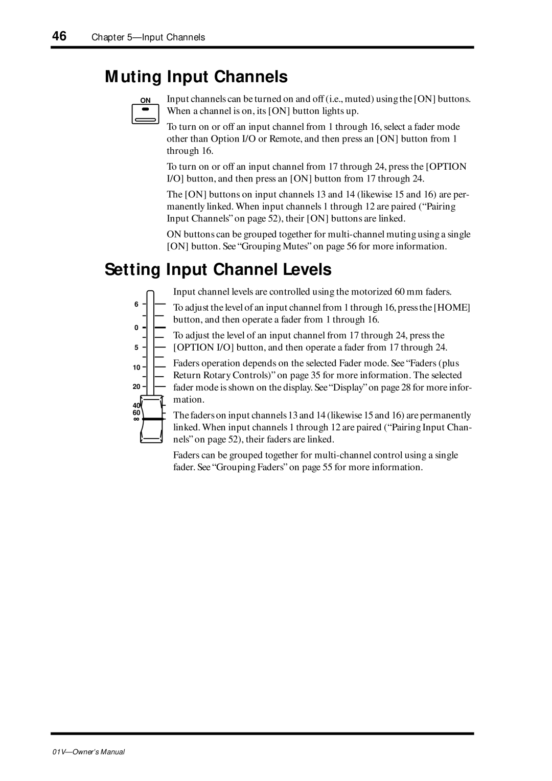 Yamaha 01v owner manual Muting Input Channels, Setting Input Channel Levels 