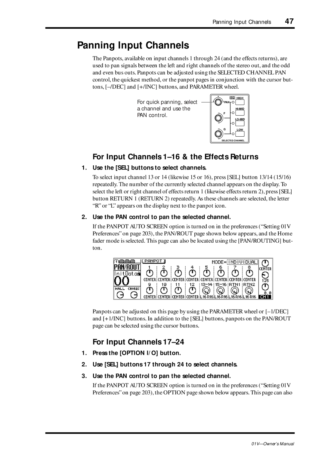 Yamaha 01v owner manual Panning Input Channels, For Input Channels 1-16 & the Effects Returns 