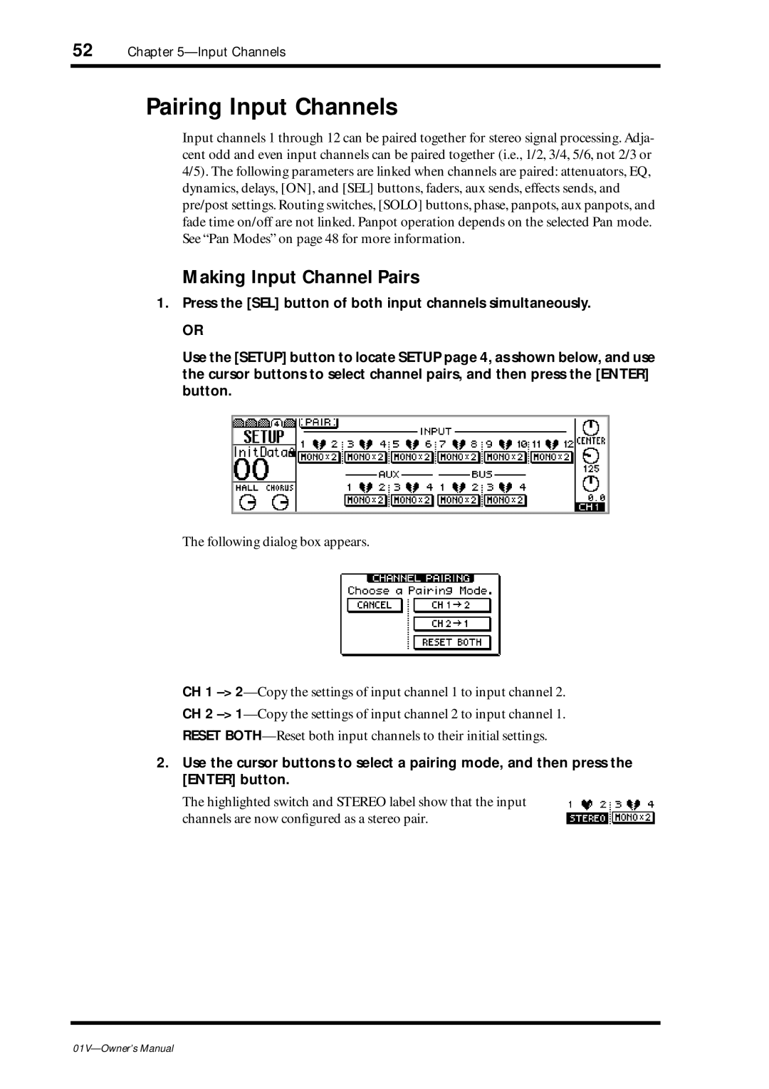 Yamaha 01v owner manual Pairing Input Channels, Making Input Channel Pairs 