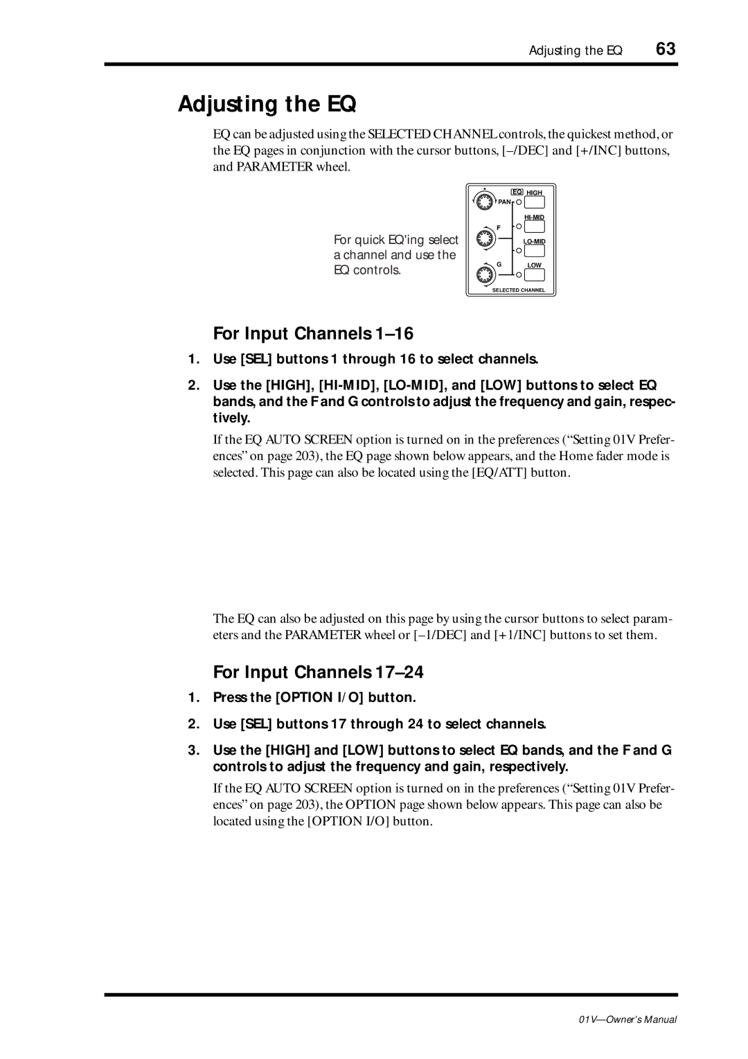 Yamaha 01v owner manual Adjusting the EQ, For Input Channels 