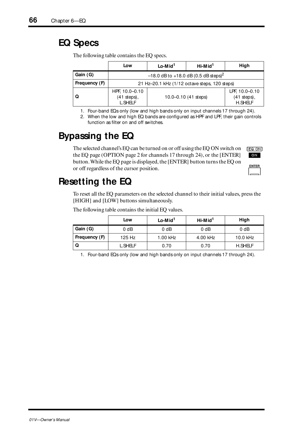 Yamaha 01v owner manual EQ Specs, Bypassing the EQ, Resetting the EQ, Following table contains the EQ specs 