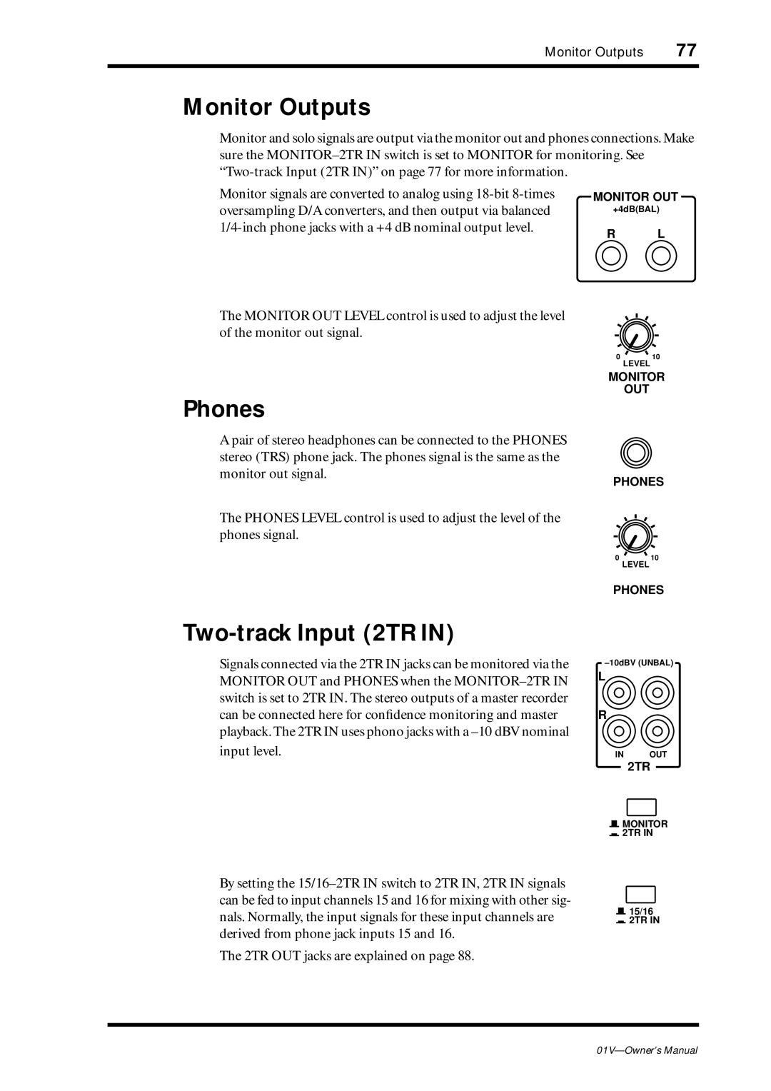 Yamaha 01v owner manual Monitor Outputs, Phones, Two-track Input 2TR 