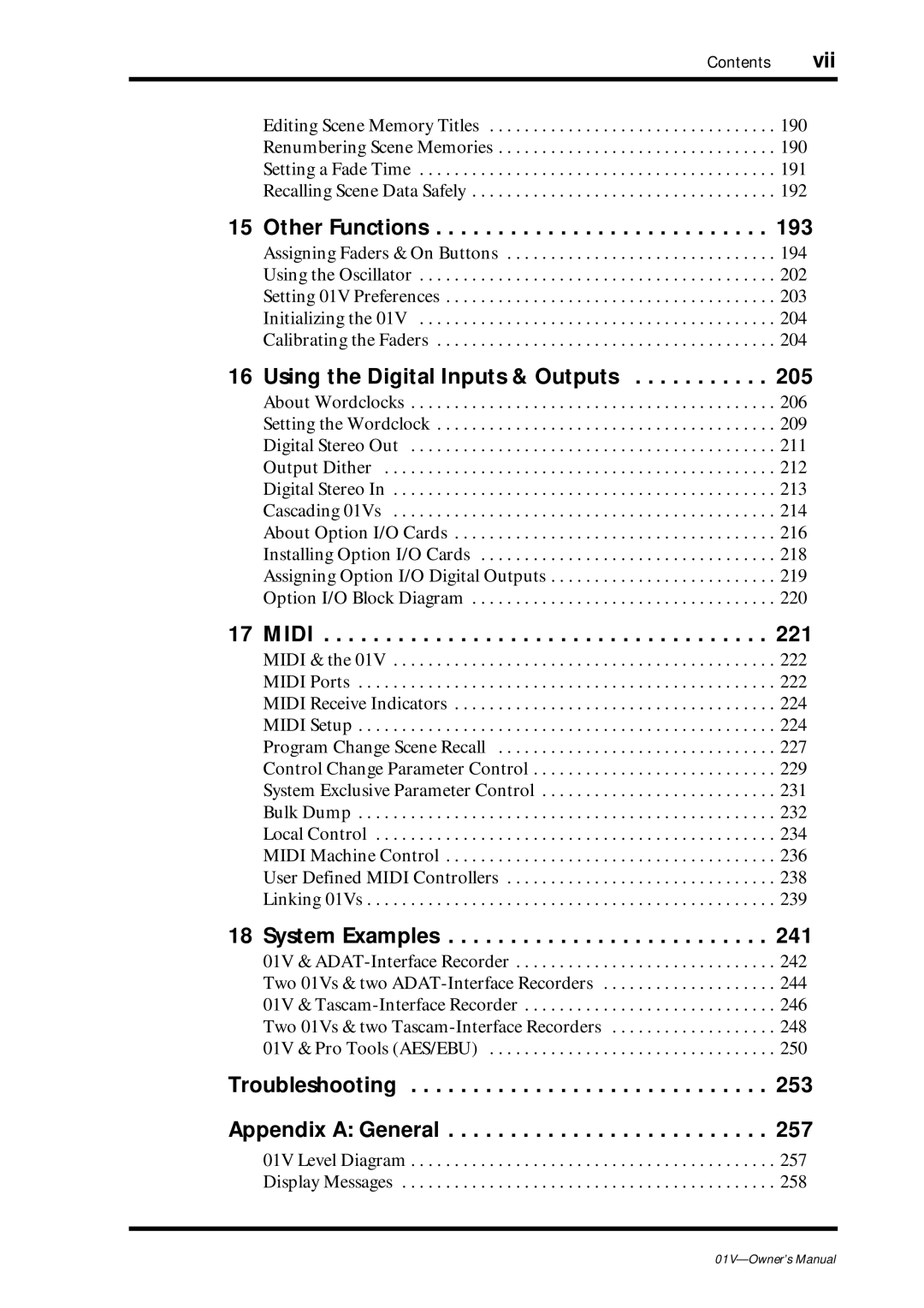 Yamaha 01v Other Functions, Using the Digital Inputs & Outputs, Midi, System Examples, Troubleshooting Appendix a General 