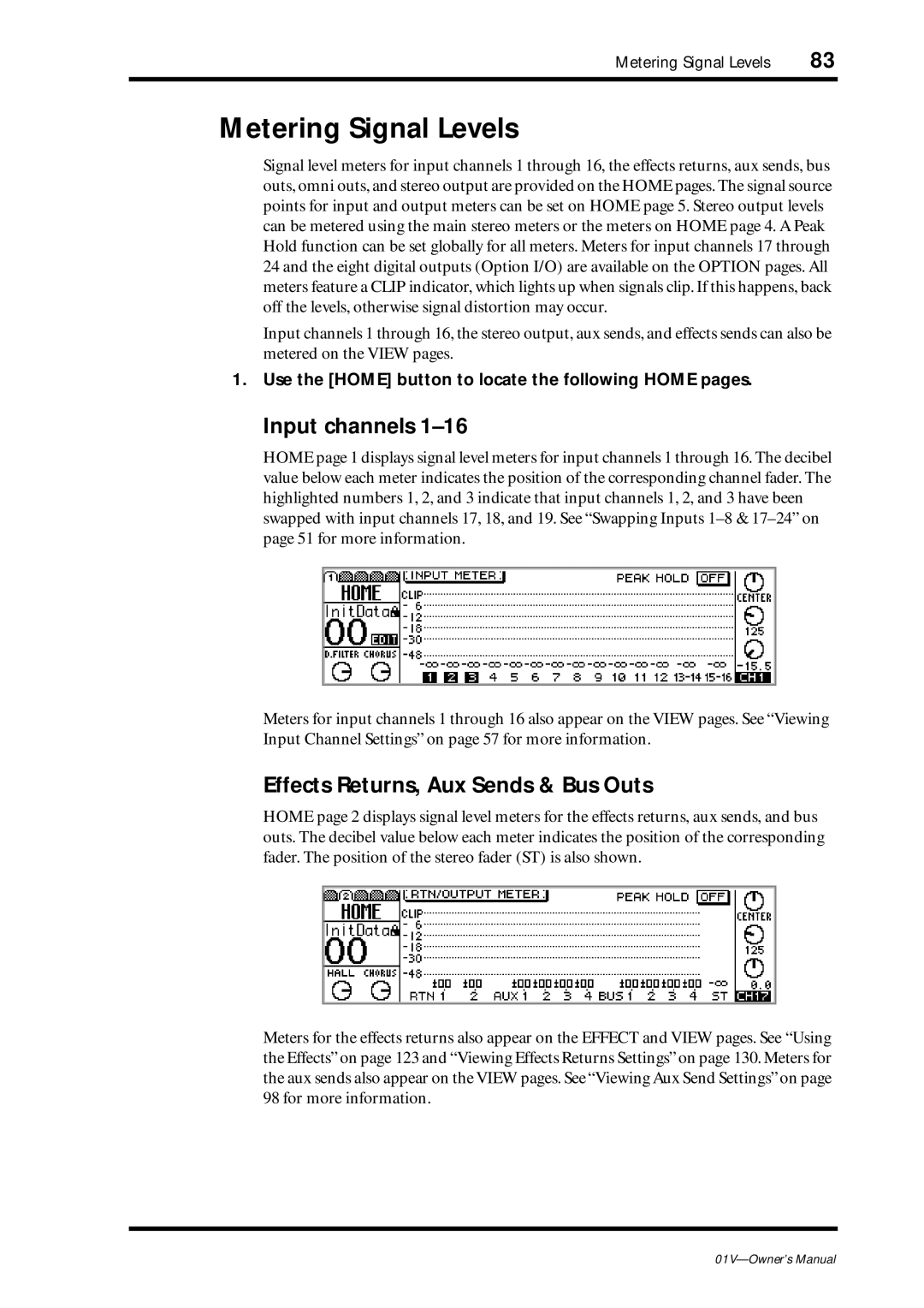 Yamaha 01v owner manual Metering Signal Levels, Effects Returns, Aux Sends & Bus Outs 