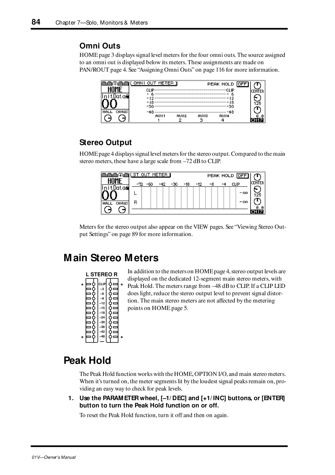 Yamaha 01v owner manual Main Stereo Meters, Peak Hold 