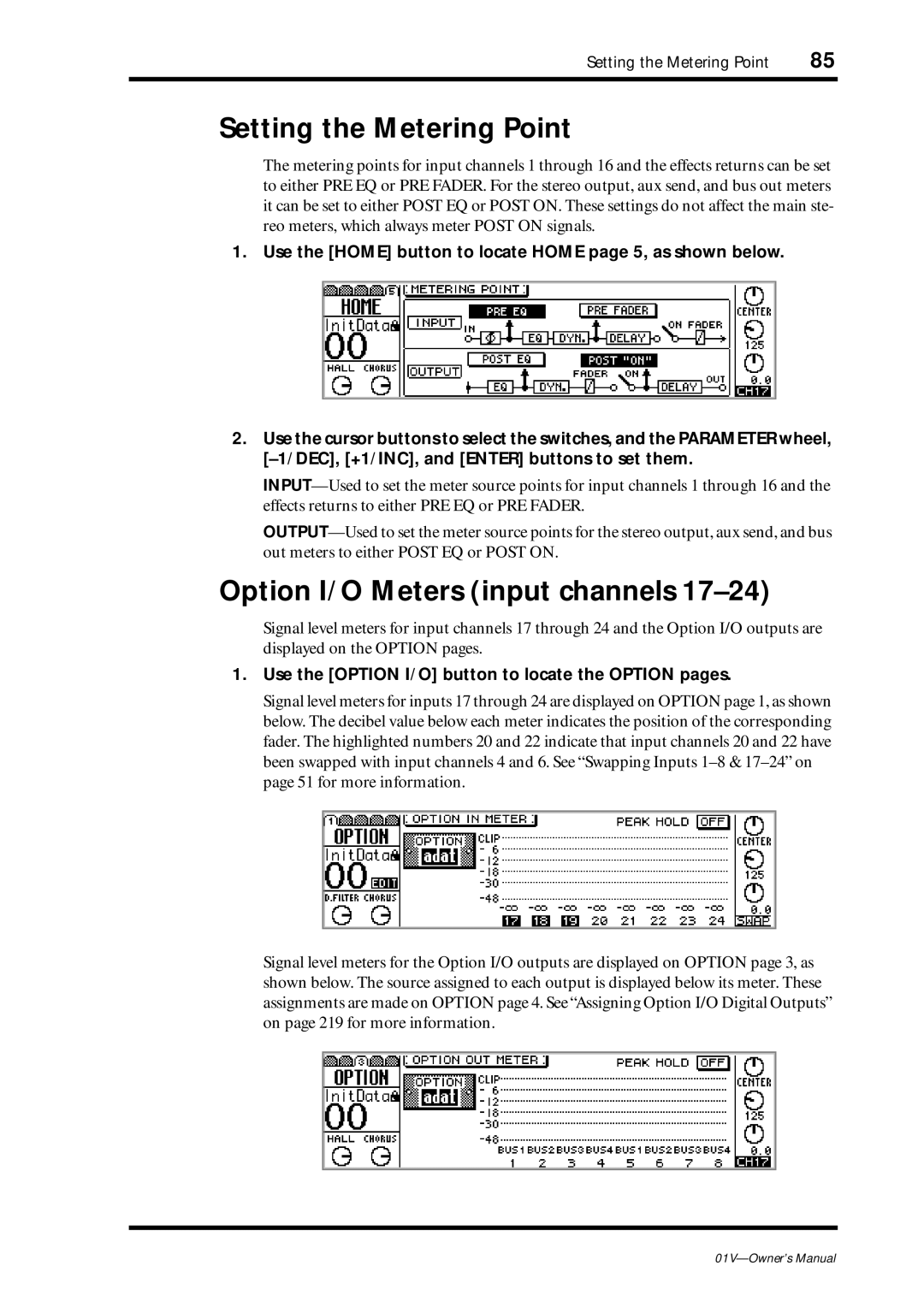 Yamaha 01v owner manual Setting the Metering Point, Option I/O Meters input channels 