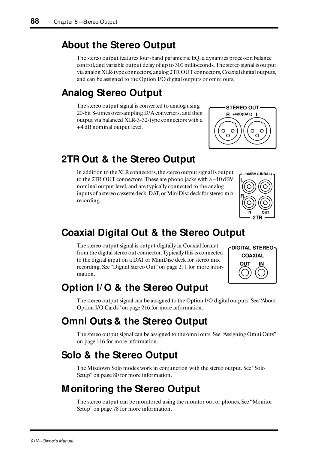 Yamaha 01v About the Stereo Output, Analog Stereo Output, 2TR Out & the Stereo Output, Option I/O & the Stereo Output 