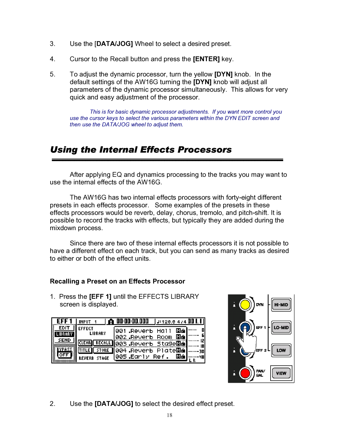 Yamaha 101 manual Using the Internal Effects Processors, Recalling a Preset on an Effects Processor 