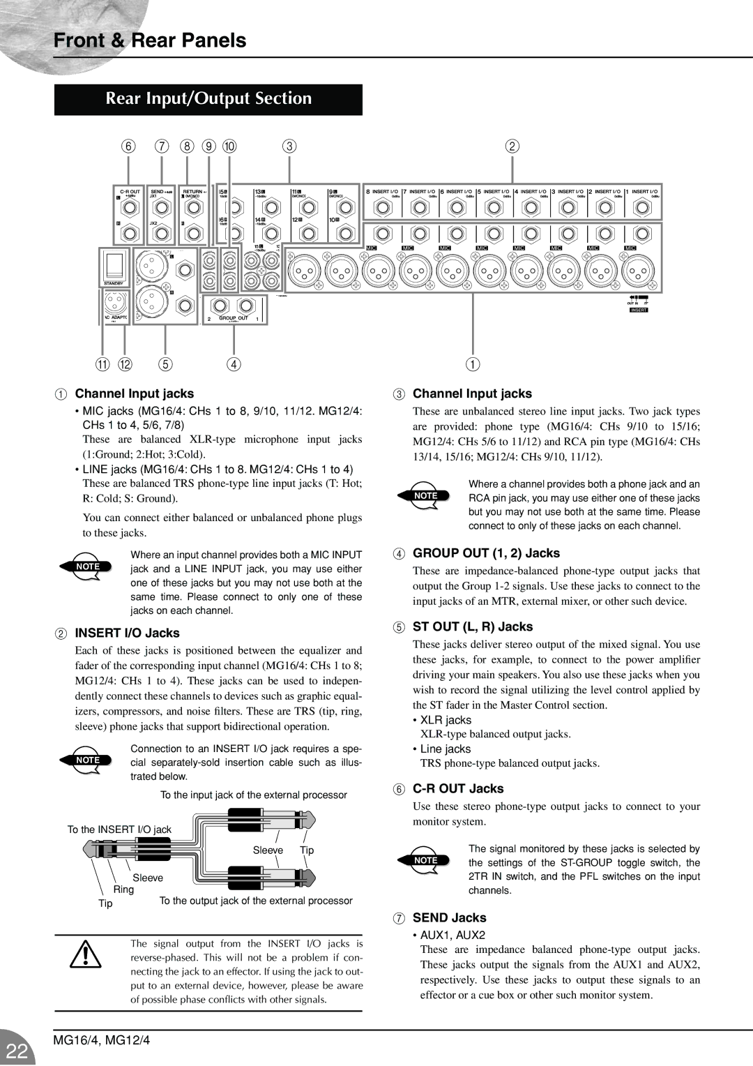 Yamaha 12/4 Channel Input jacks, Group OUT 1, 2 Jacks, Insert I/O Jacks, ST OUT L, R Jacks, R OUT Jacks, Send Jacks 