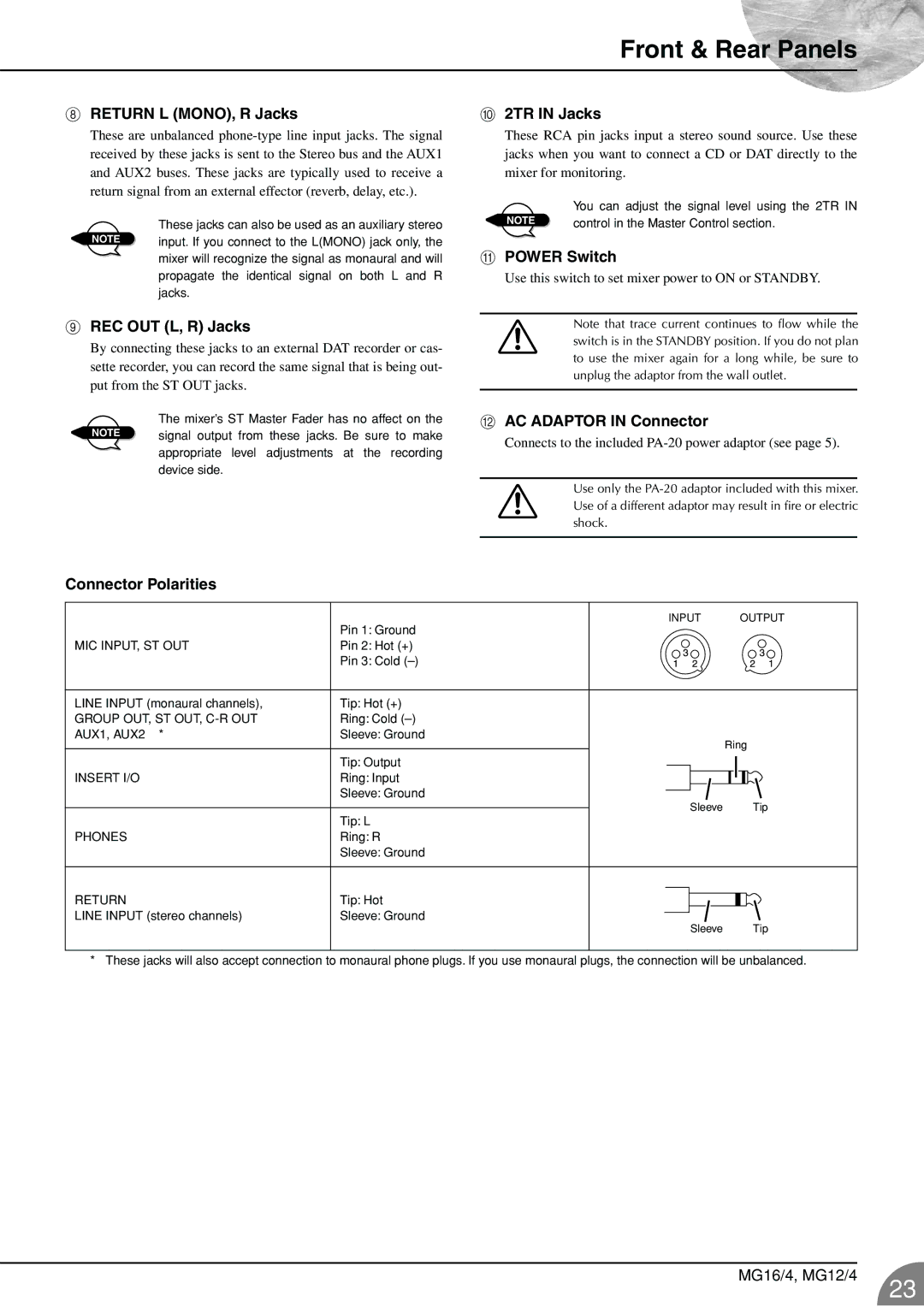 Yamaha 12/4 owner manual Return L MONO, R Jacks, REC OUT L, R Jacks, 2TR in Jacks, Power Switch, AC Adaptor in Connector 