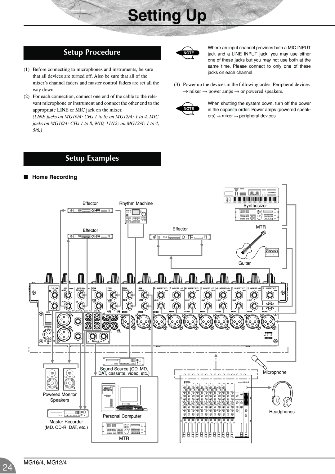 Yamaha 12/4 owner manual Setting Up, Setup Procedure, Setup Examples, Home Recording 