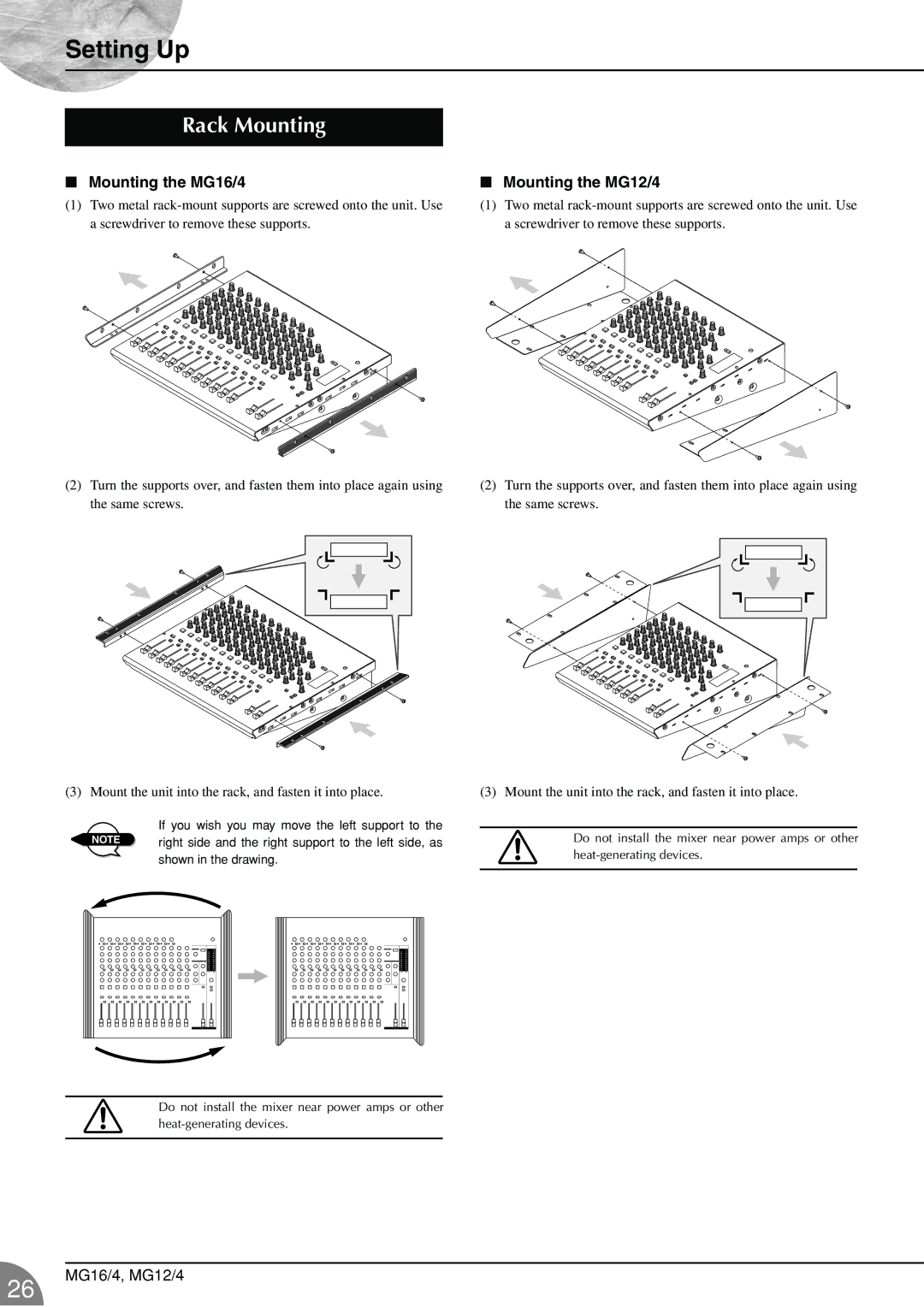 Yamaha owner manual Rack Mounting, Mounting the MG16/4, Mounting the MG12/4 