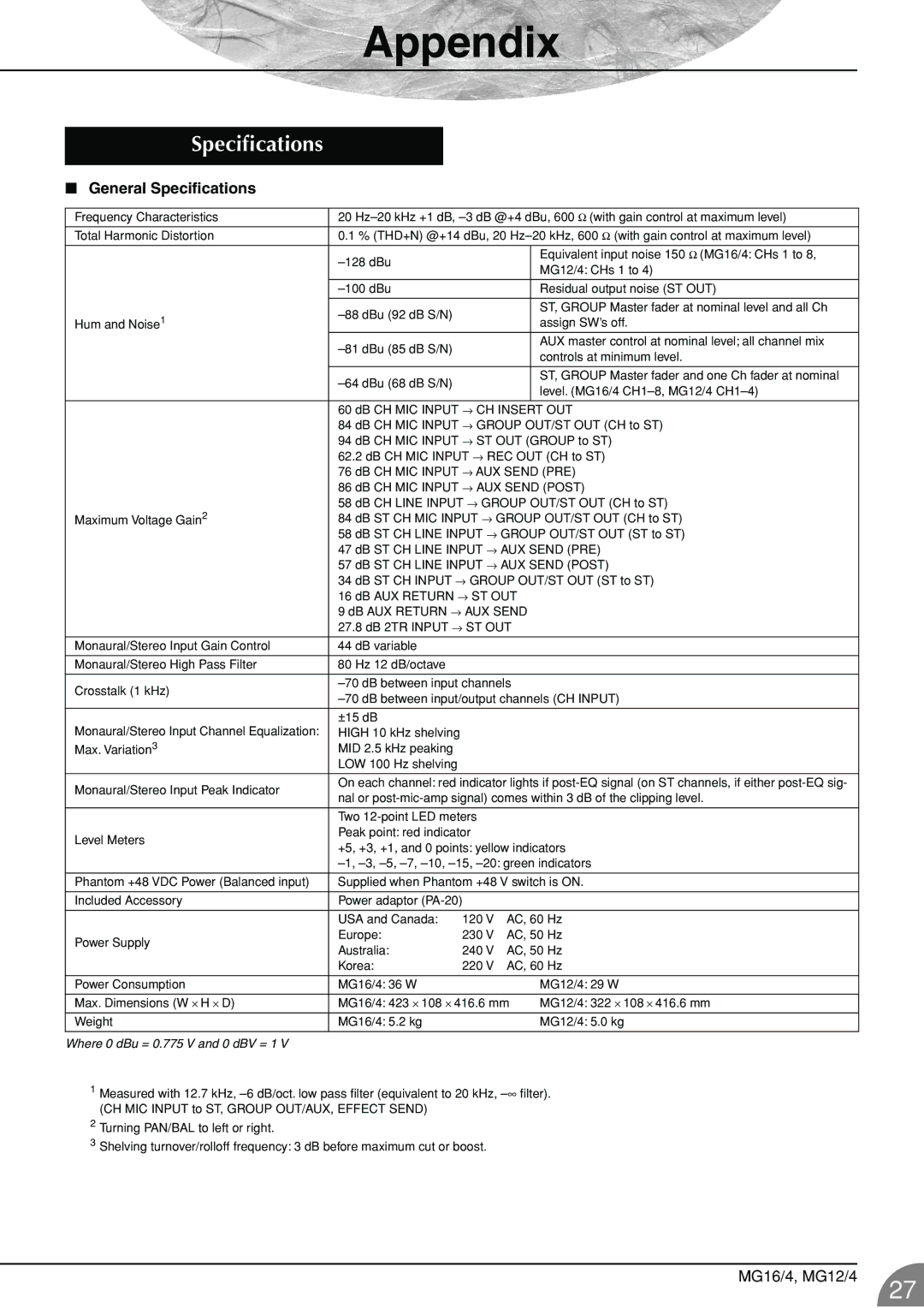 Yamaha 12/4 owner manual Appendix, General Speciﬁcations 