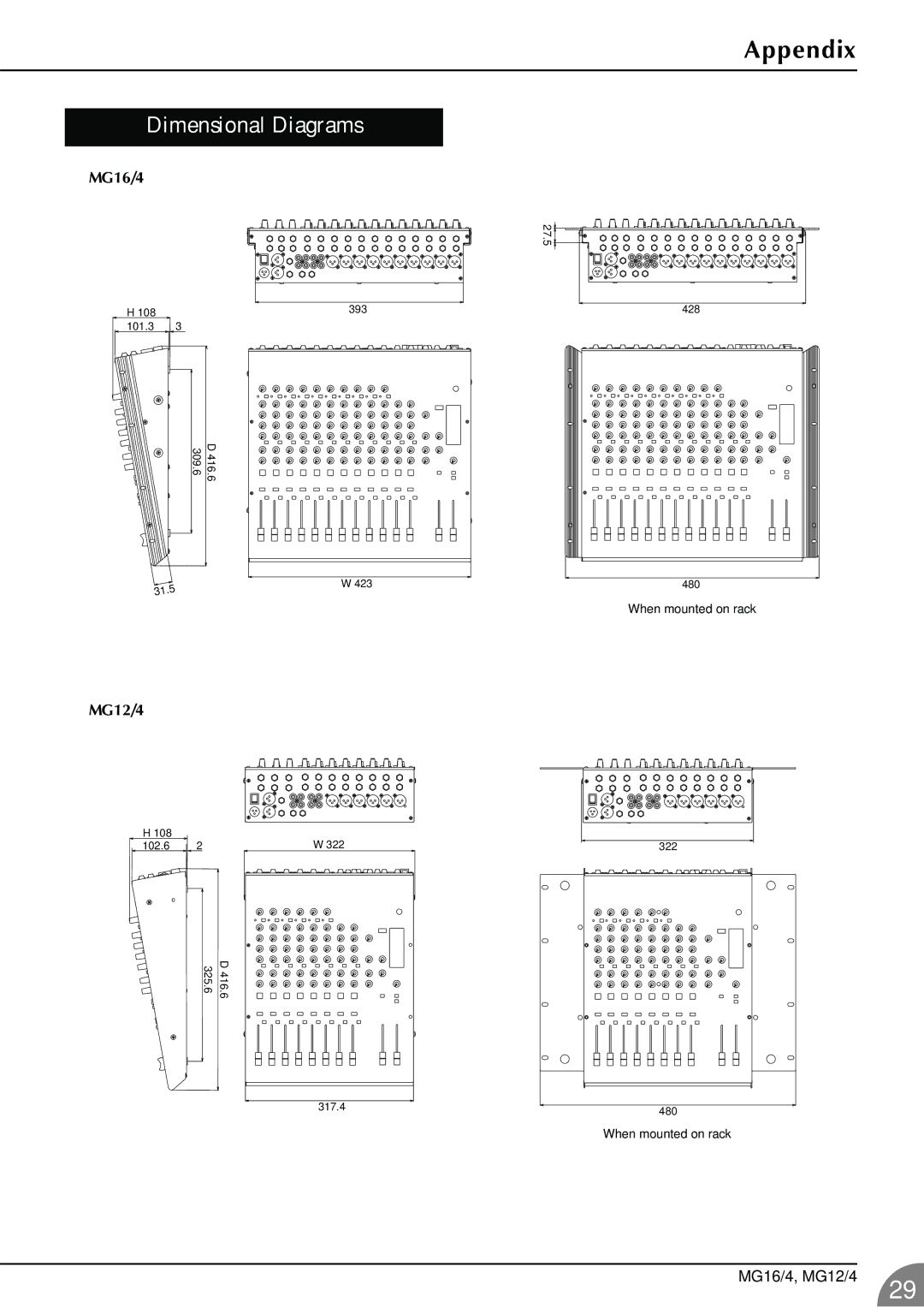 Yamaha owner manual Dimensional Diagrams, MG16/4, MG12/4 