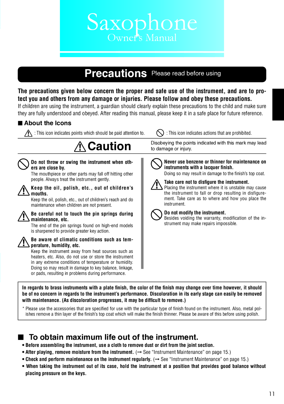 Yamaha 2426590 owner manual Saxophone 