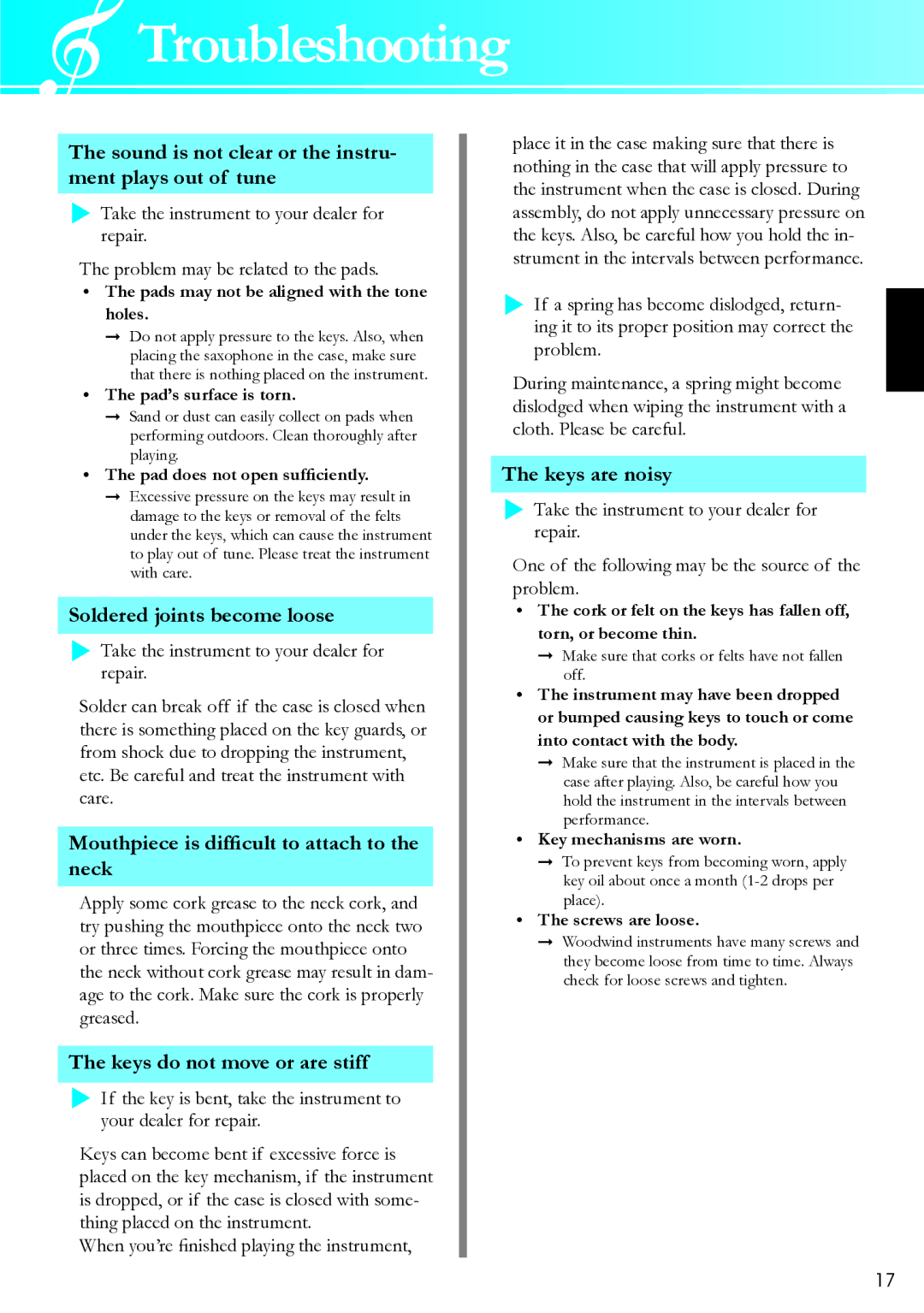 Yamaha 2426590 owner manual Troubleshooting, Sound is not clear or the instru- ment plays out of tune 