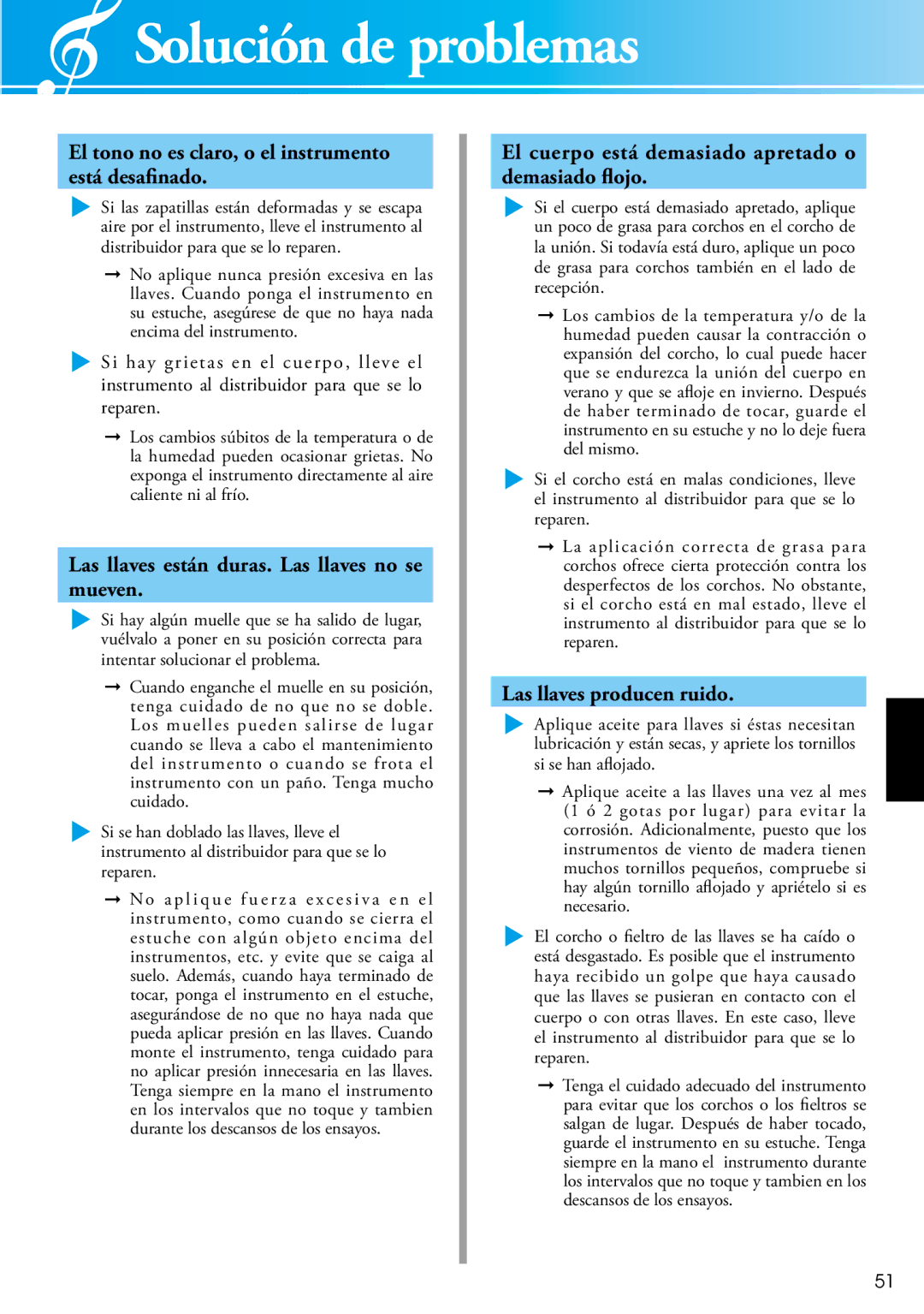 Yamaha 2428440 owner manual Solución de problemas, El tono no es claro, o el instrumento está desafinado 