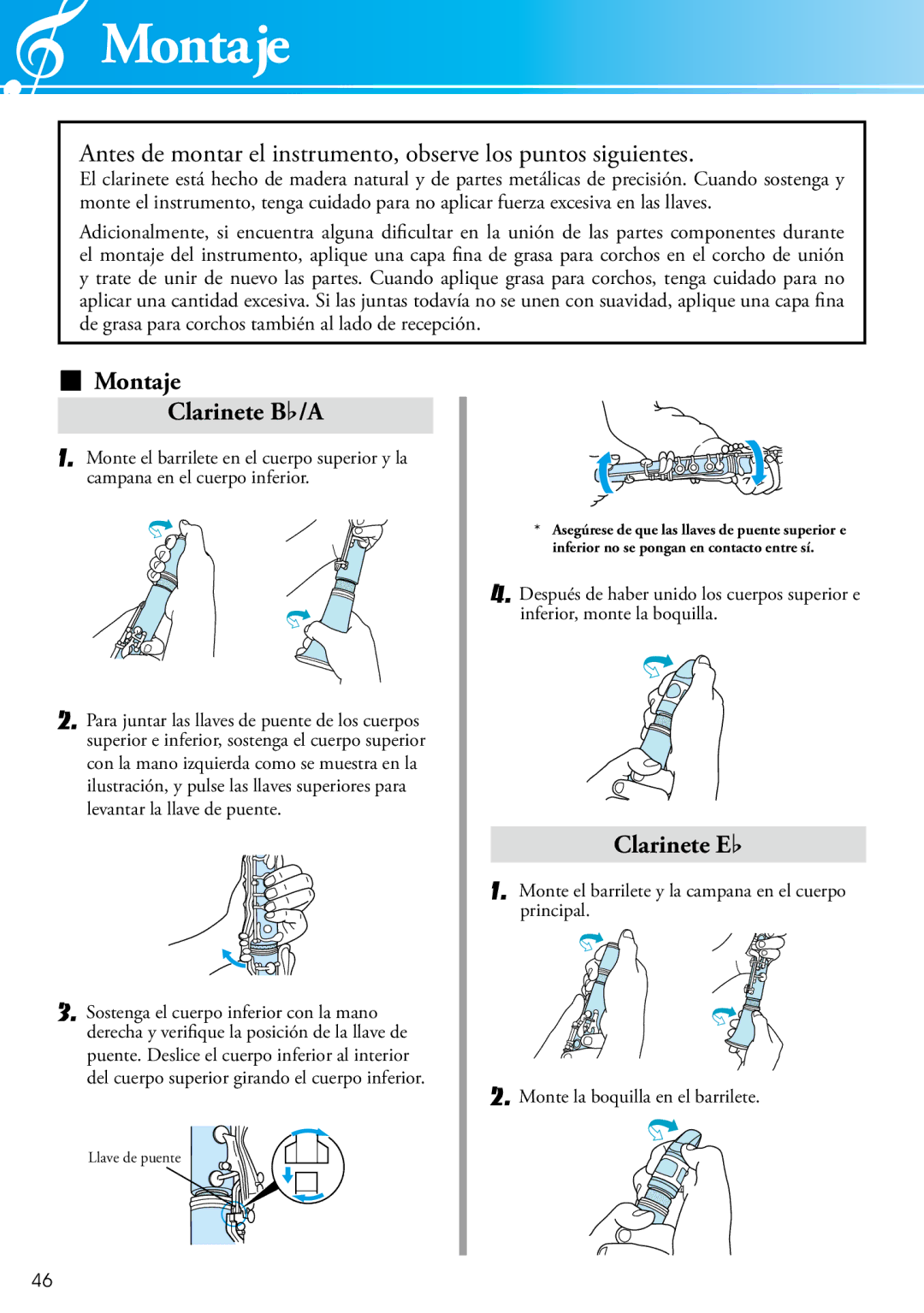 Yamaha 2428440 owner manual Montaje Clarinete Bb/A, Clarinete Eb 